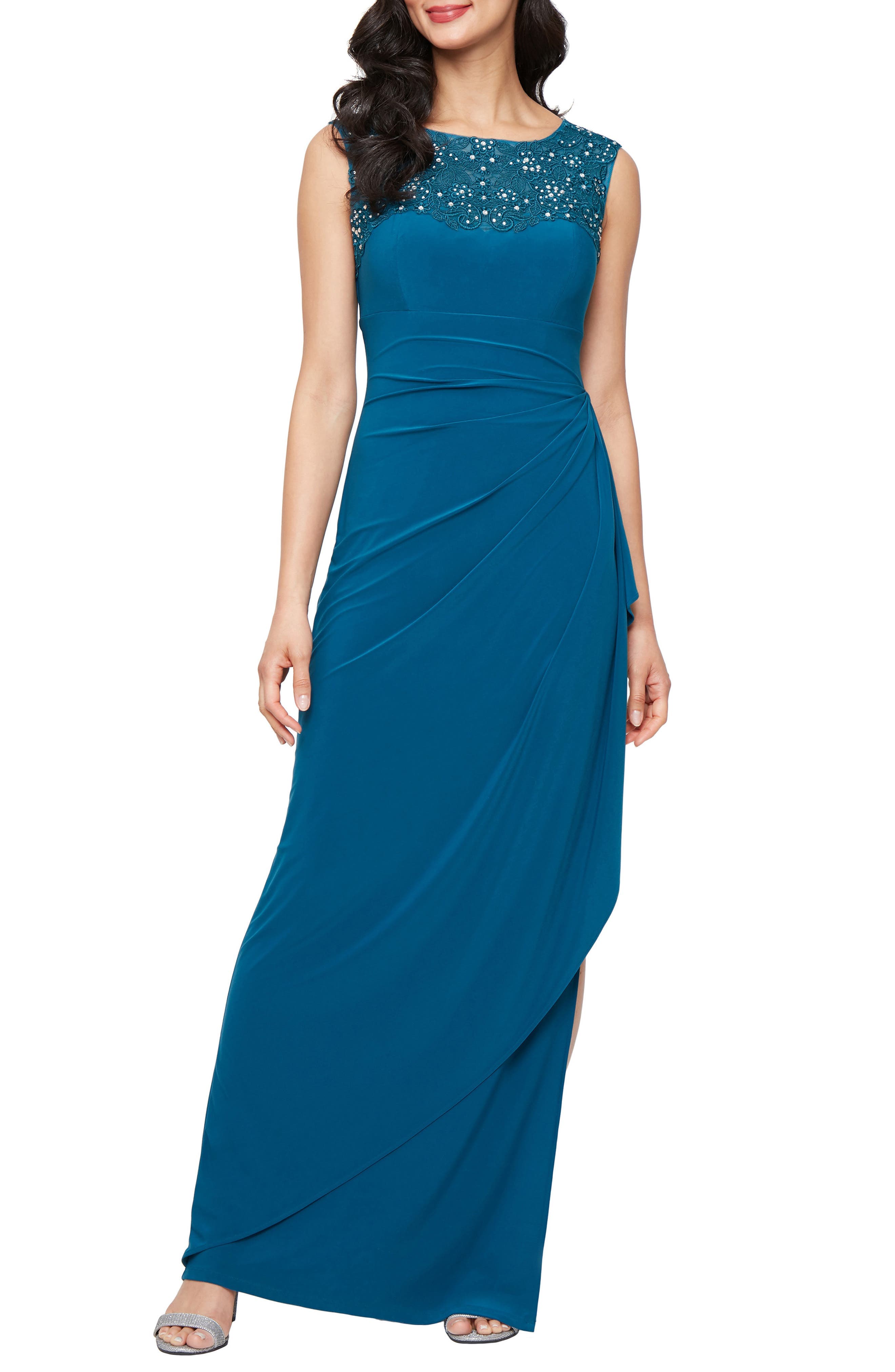 Embellished Side Ruched Jersey Gown