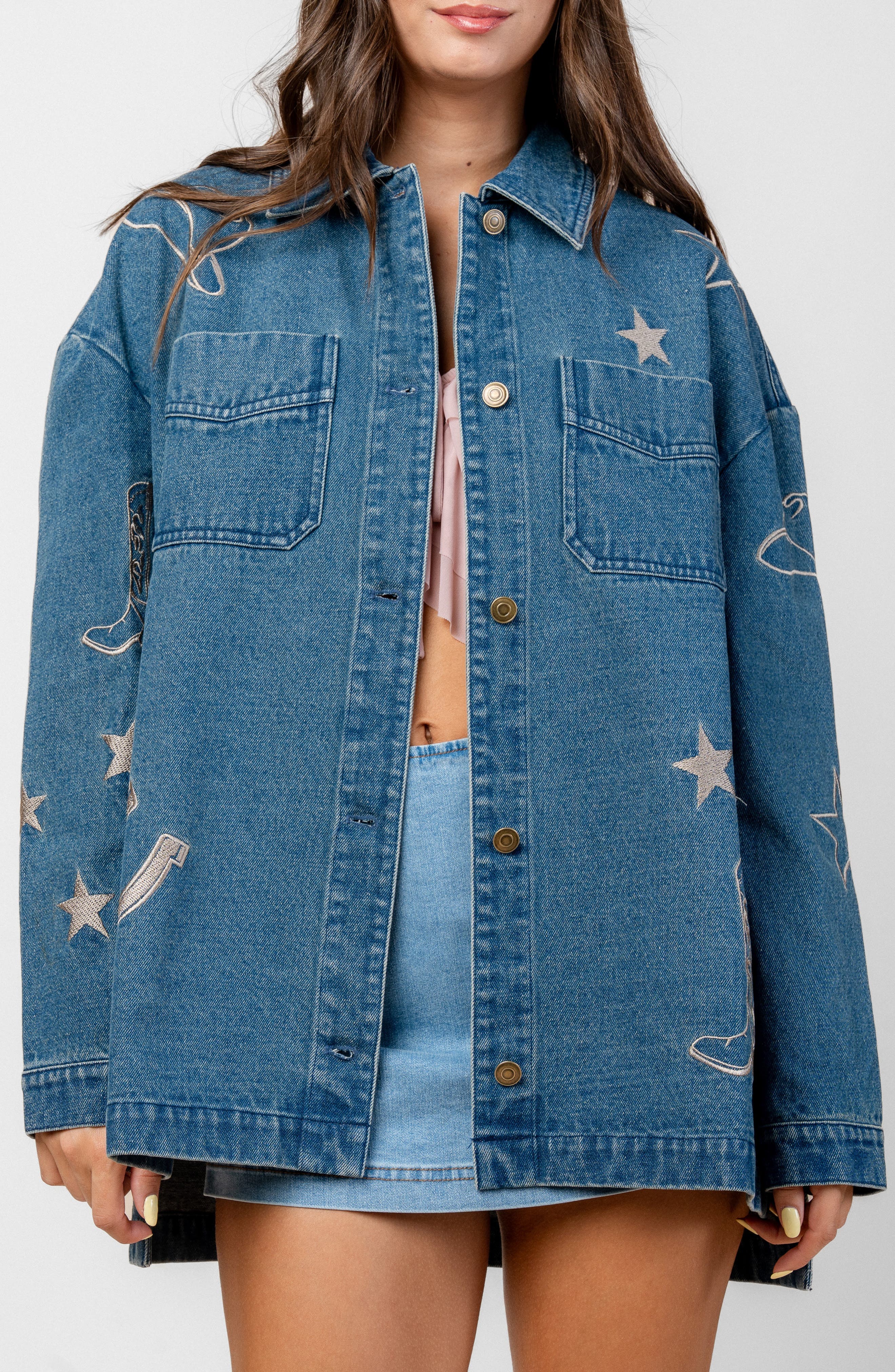 Embroidered Denim Shacket - image 1