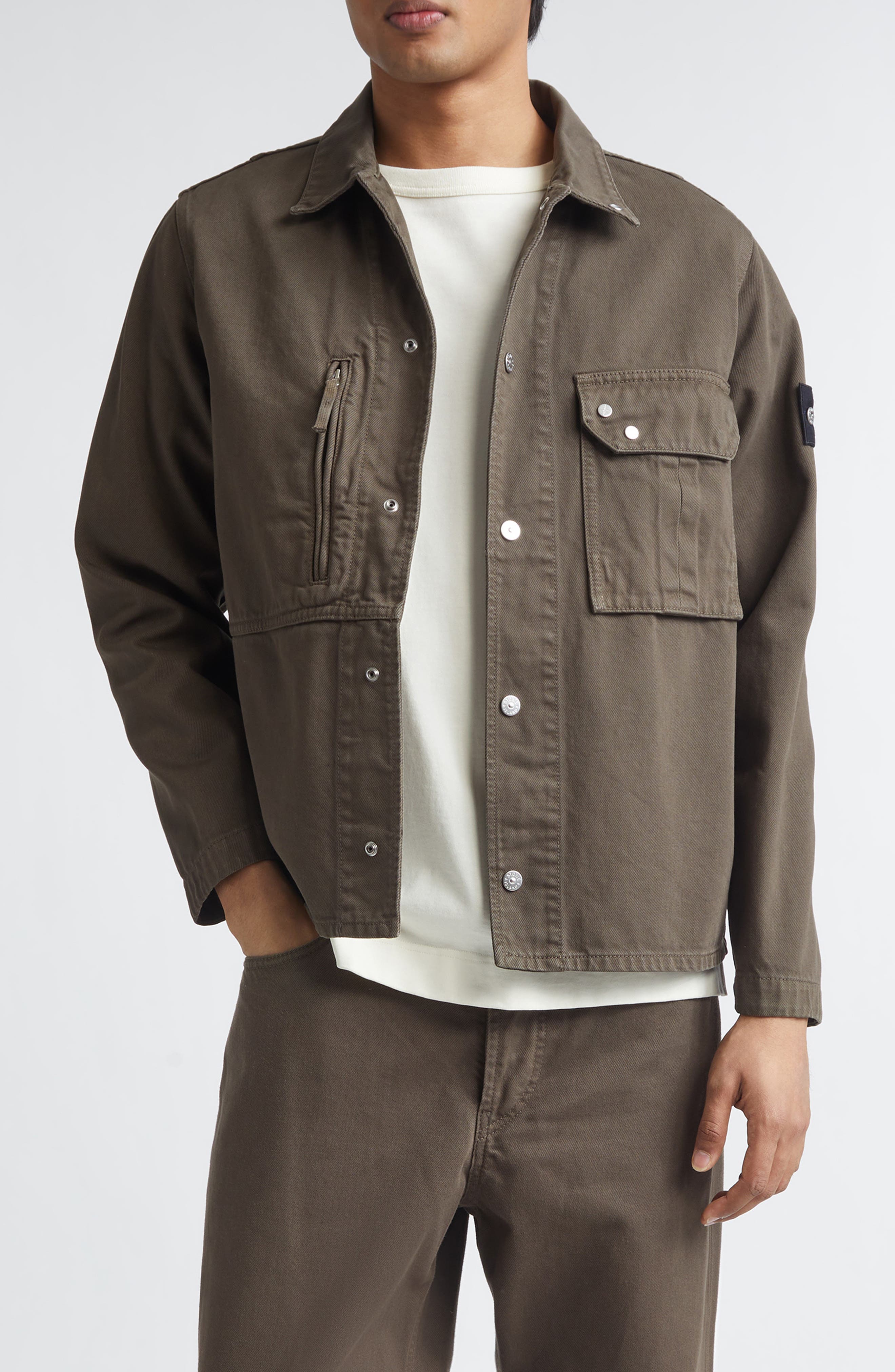 Compass Logo Patch Denim Snap-Up Overshirt - image 1