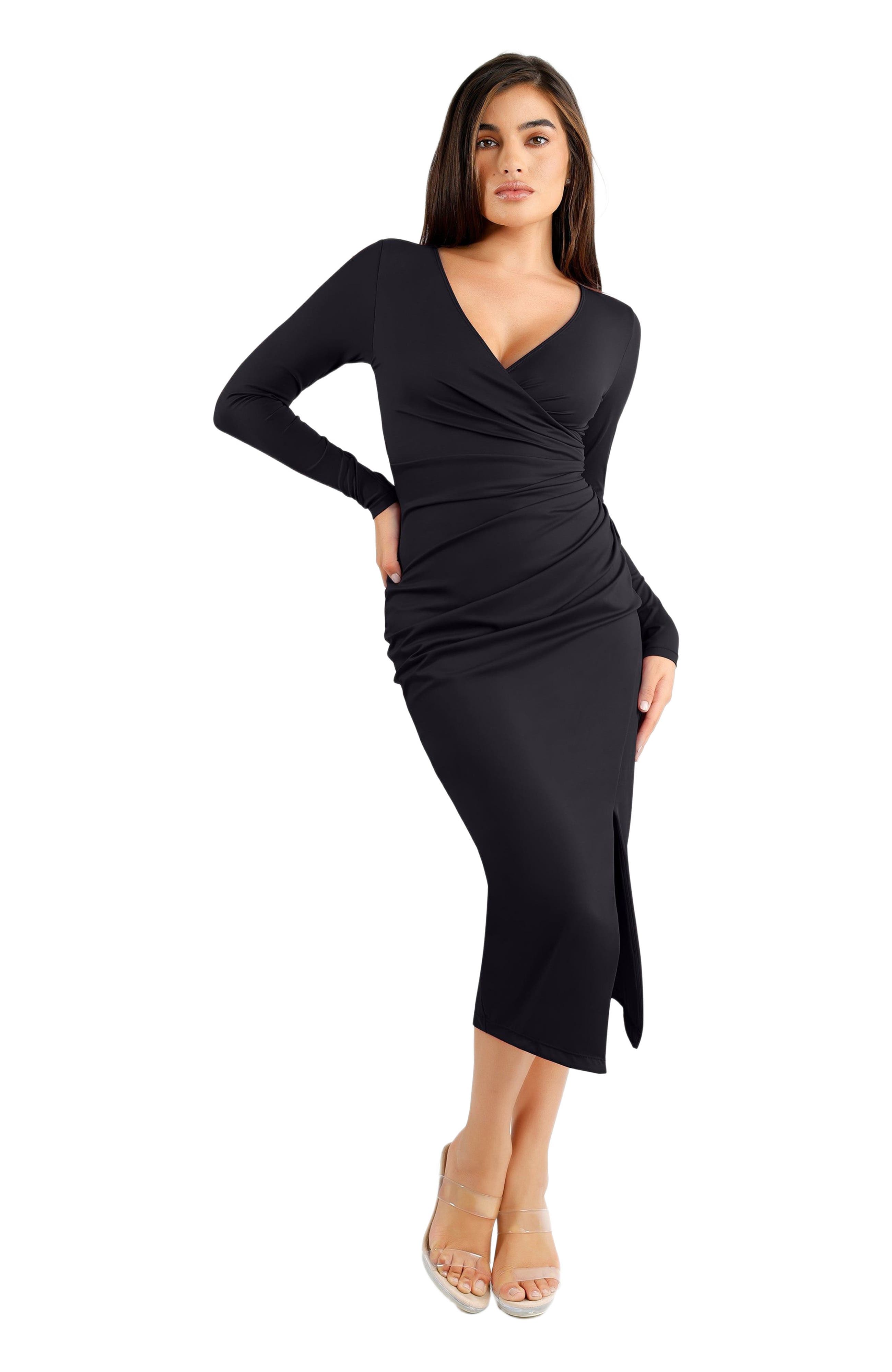 Shapewear Ruched Long Sleeve Faux Wrap Slimming Midi Dress - image 1