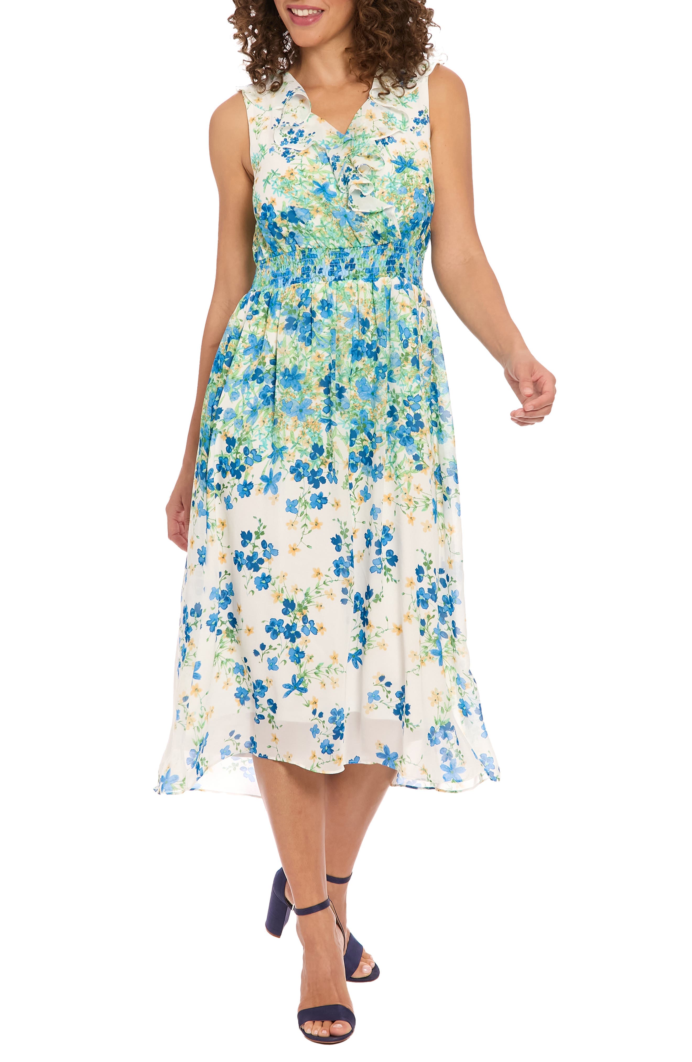Floral Sleeveless Empire Waist Chiffon Midi Dress - image 1