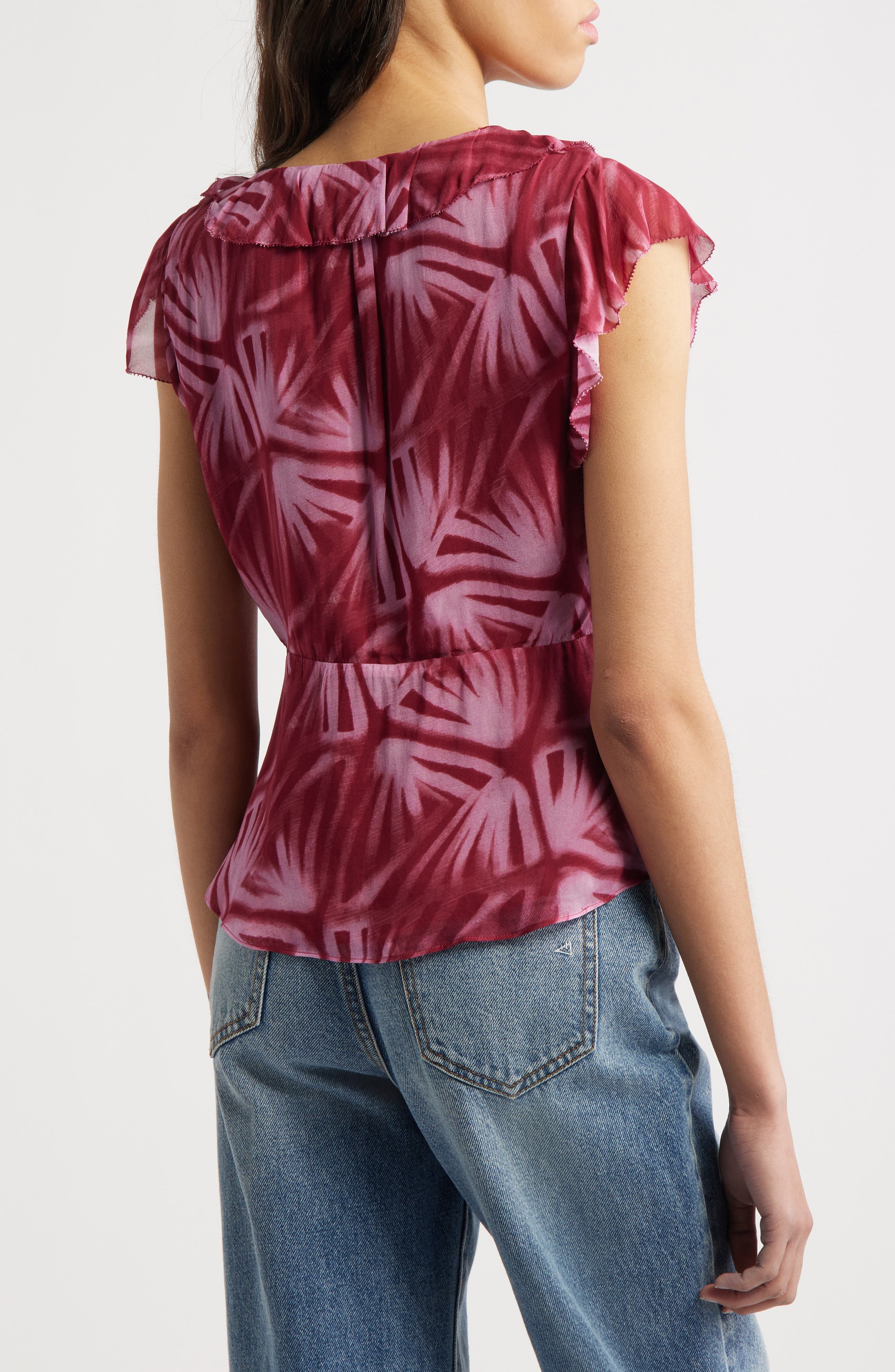 Carmine Frond Print Flutter Sleeve Top - image 2