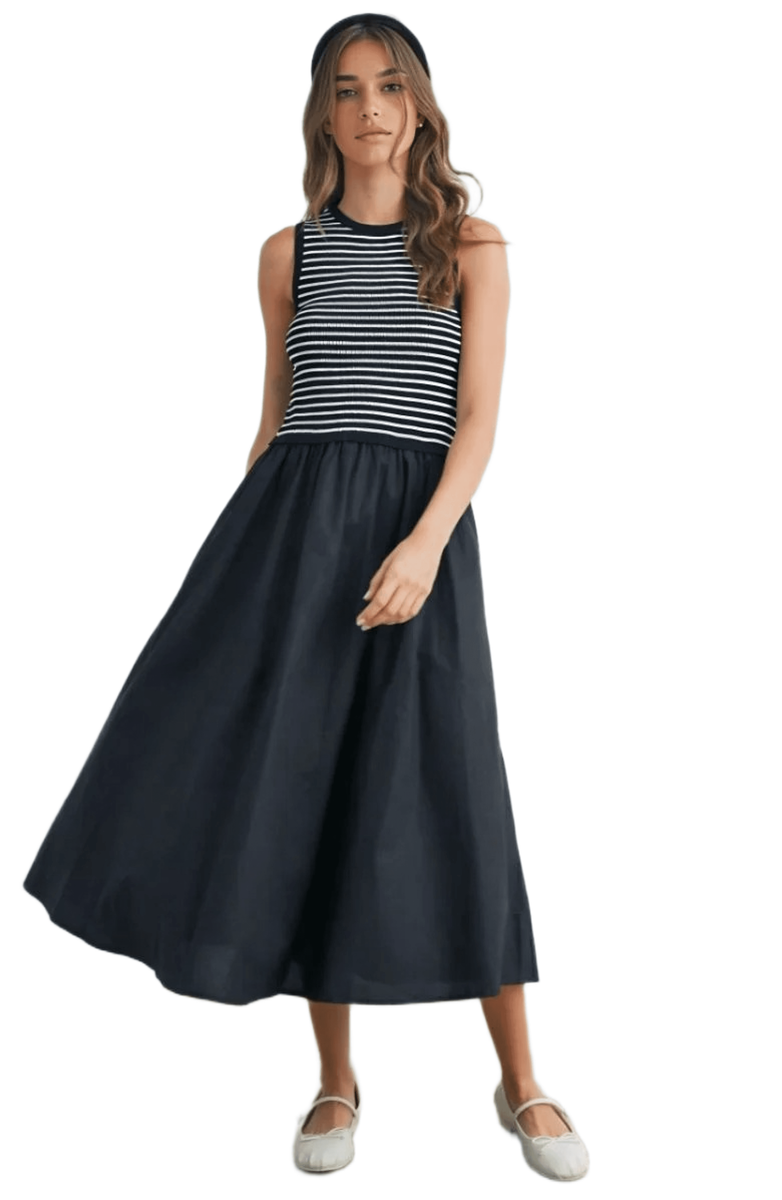 Striped Knit Top Woven Skirt Sleeveless Maxi Dress - image 1