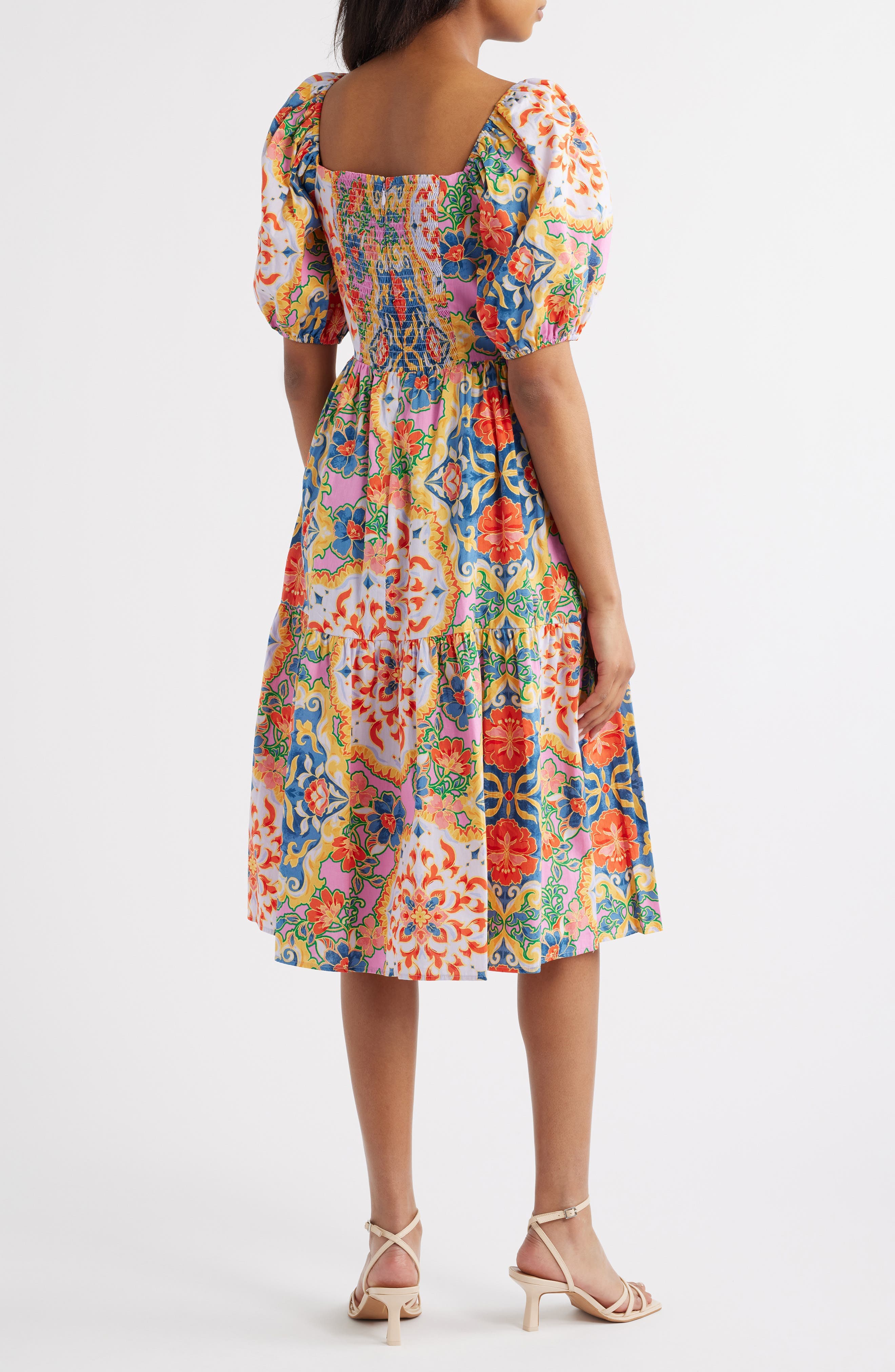 Print Square Neck Puff Sleeve Midi Dress - image 2