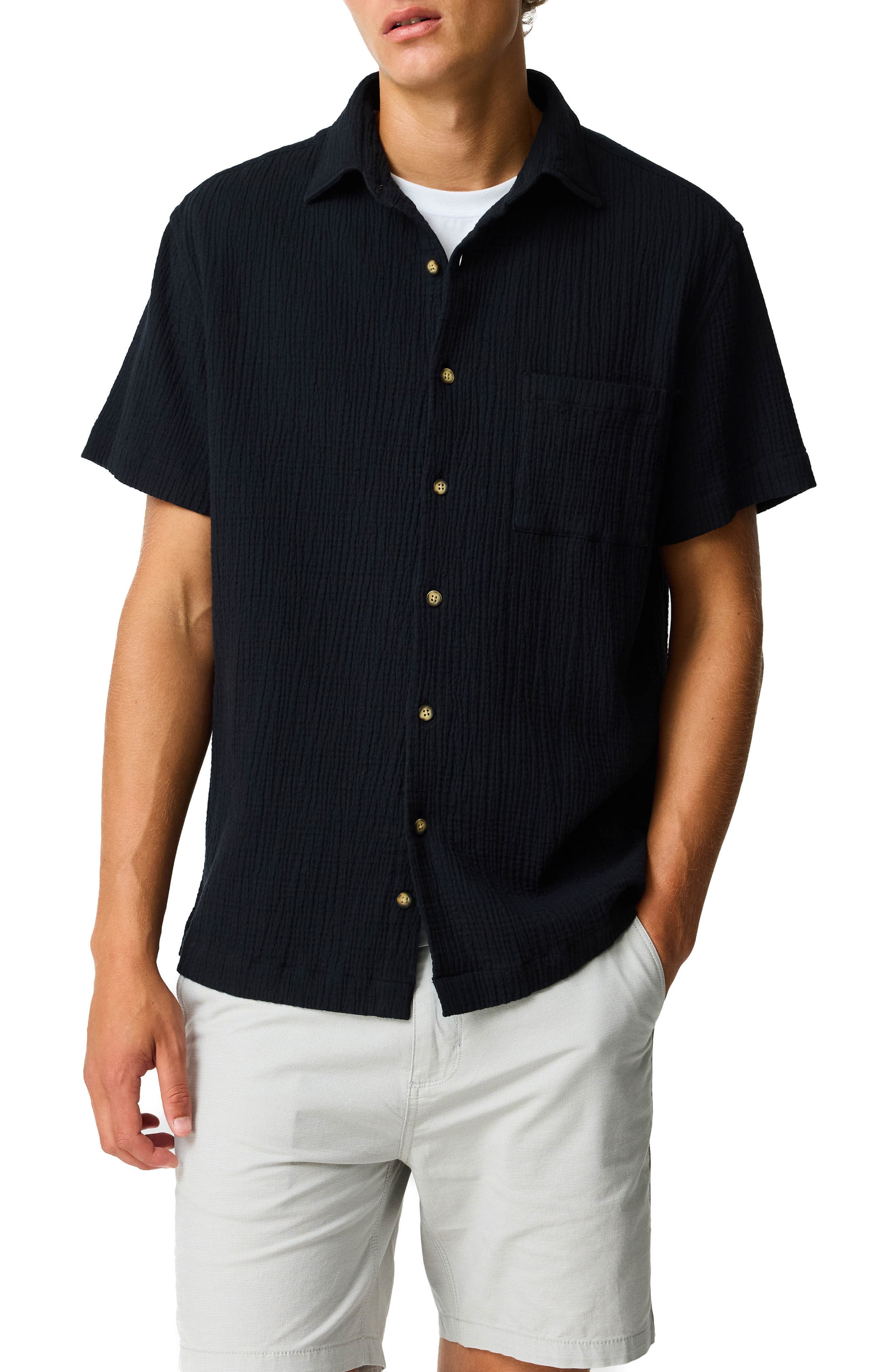 Adams Flat Weekend Fit Short Sleeve Stretch Seersucker Button-Up Shirt - image 1