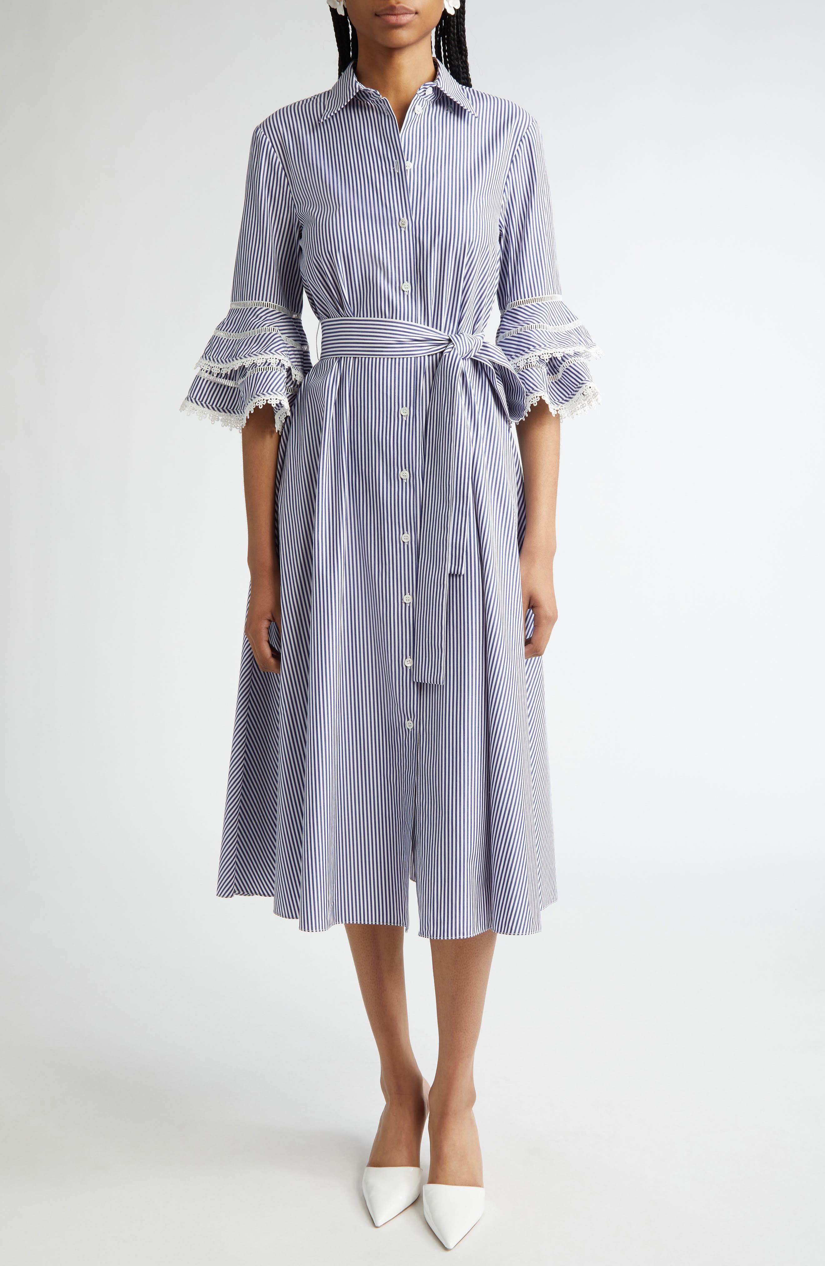 Stripe Tiered Ruffle Sleeve Belted Poplin Shirtdress - image 1