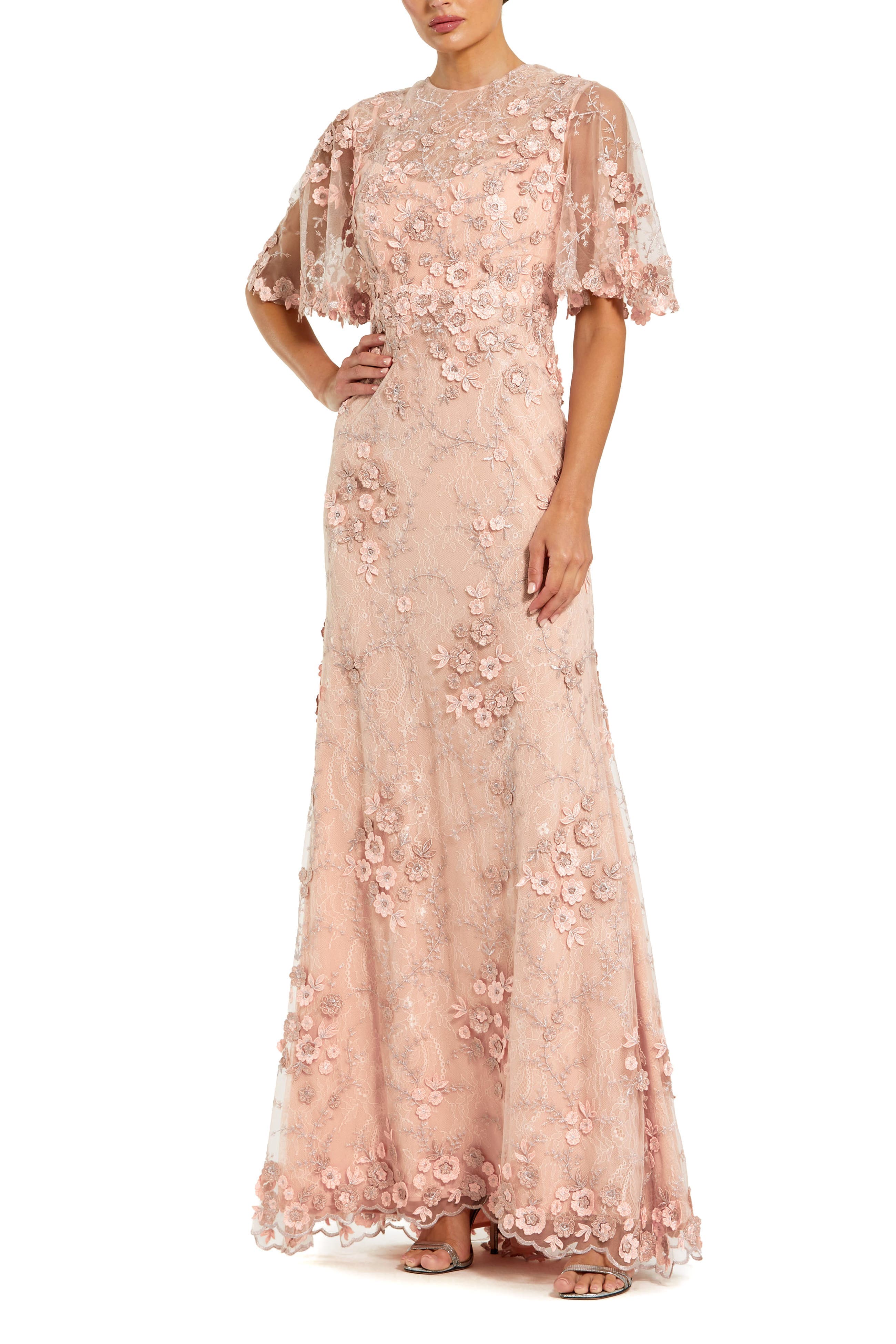 Petite Flutter Sleeve Floral Embroidered Net Gown - image 3