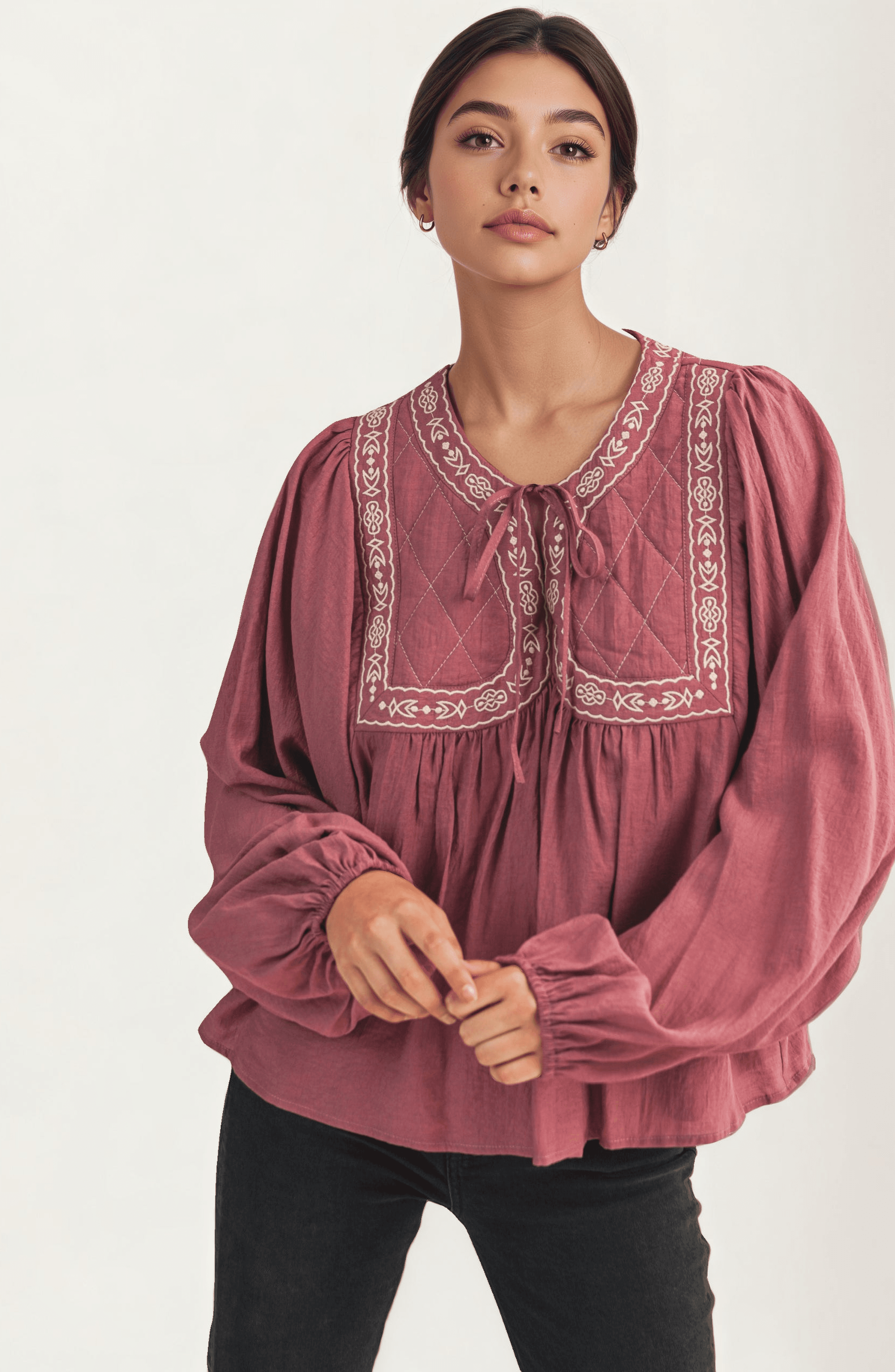 Embroidered Yoke Tie Neckline Flowy Long Sleeve Blouse - image 1
