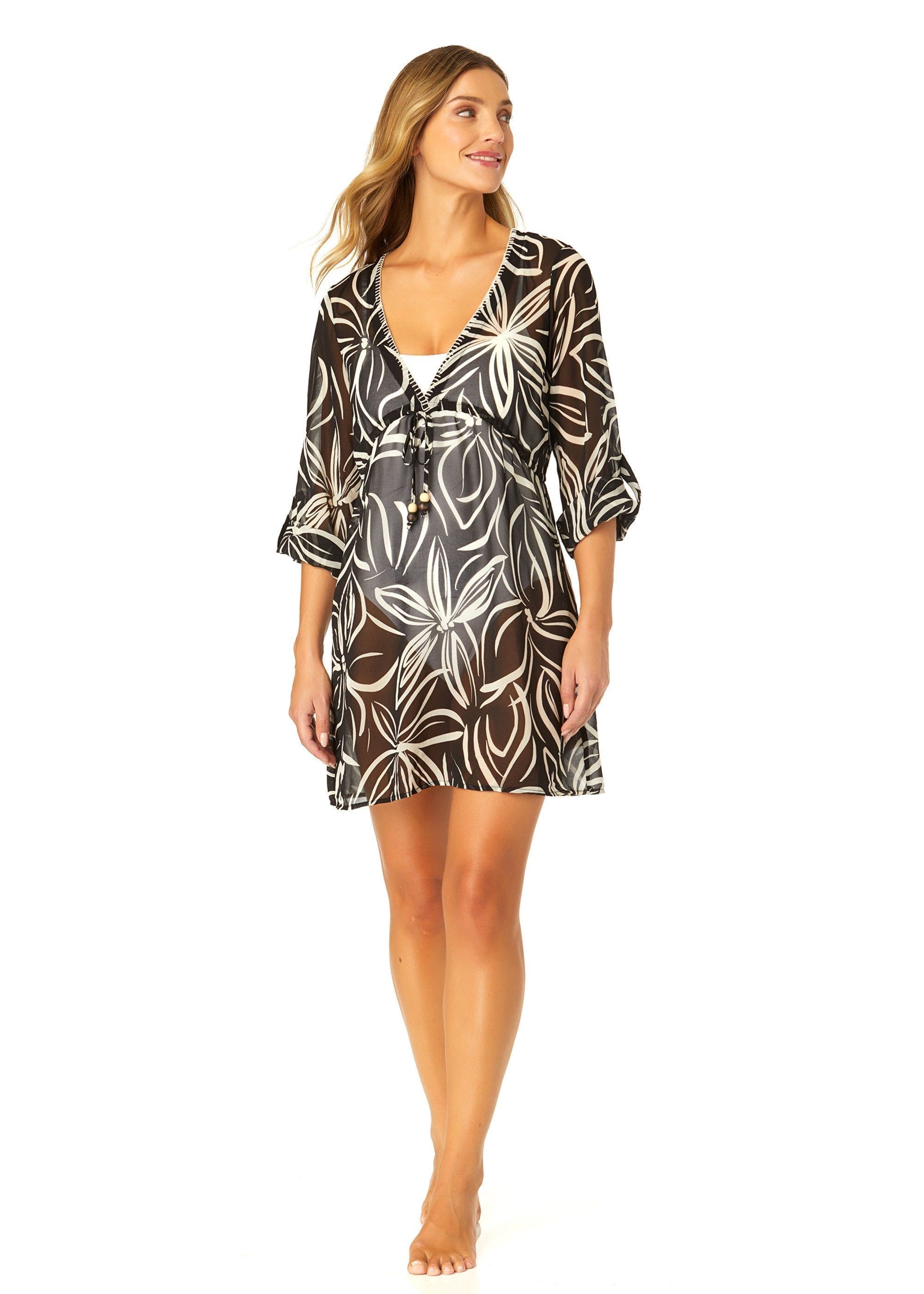 Women's V Neck Roll Tab Sleeve Pocket Dress Cover Up - image 1