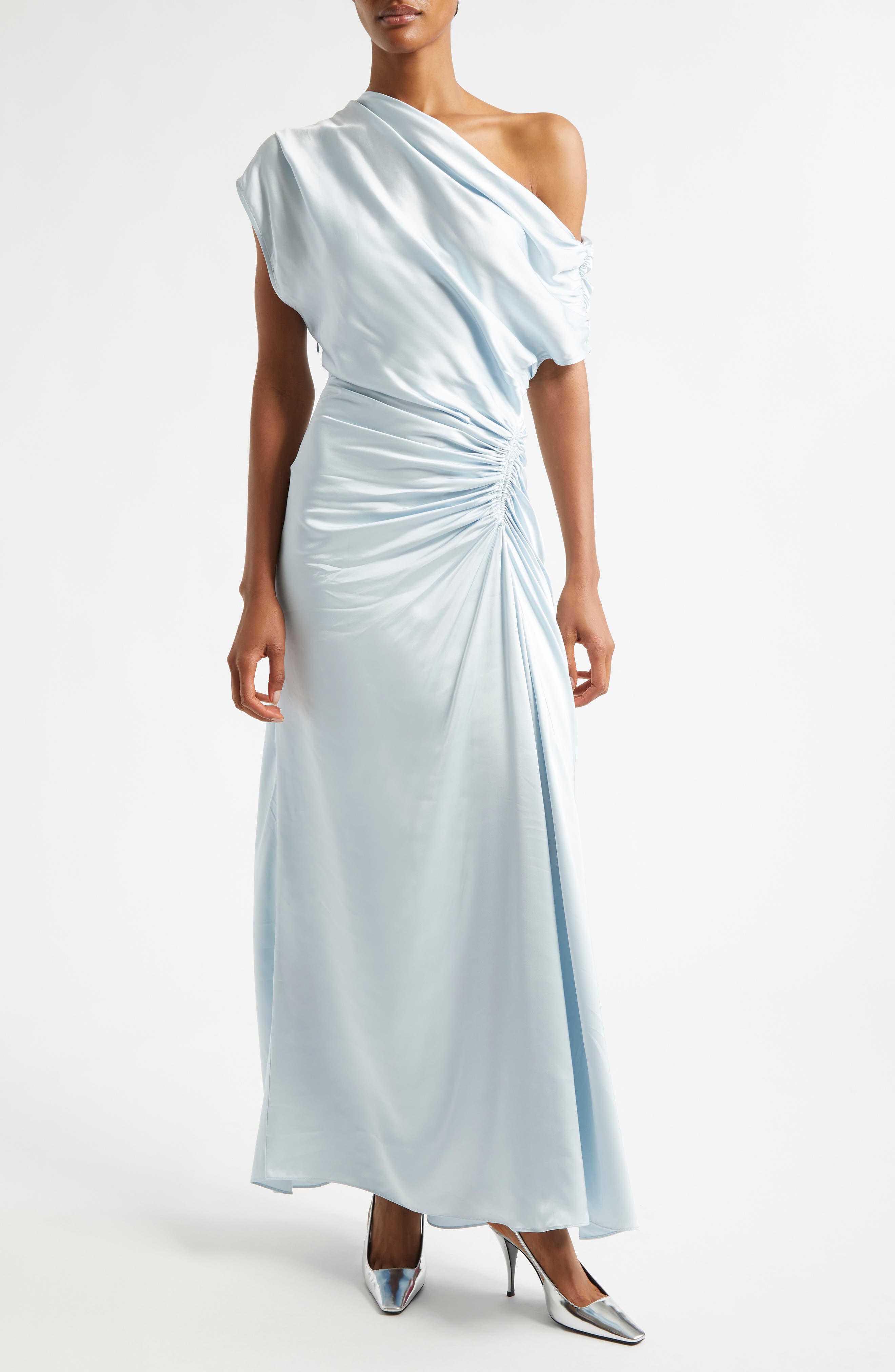Penny Ruched One-Shoulder Satin Gown - image 1