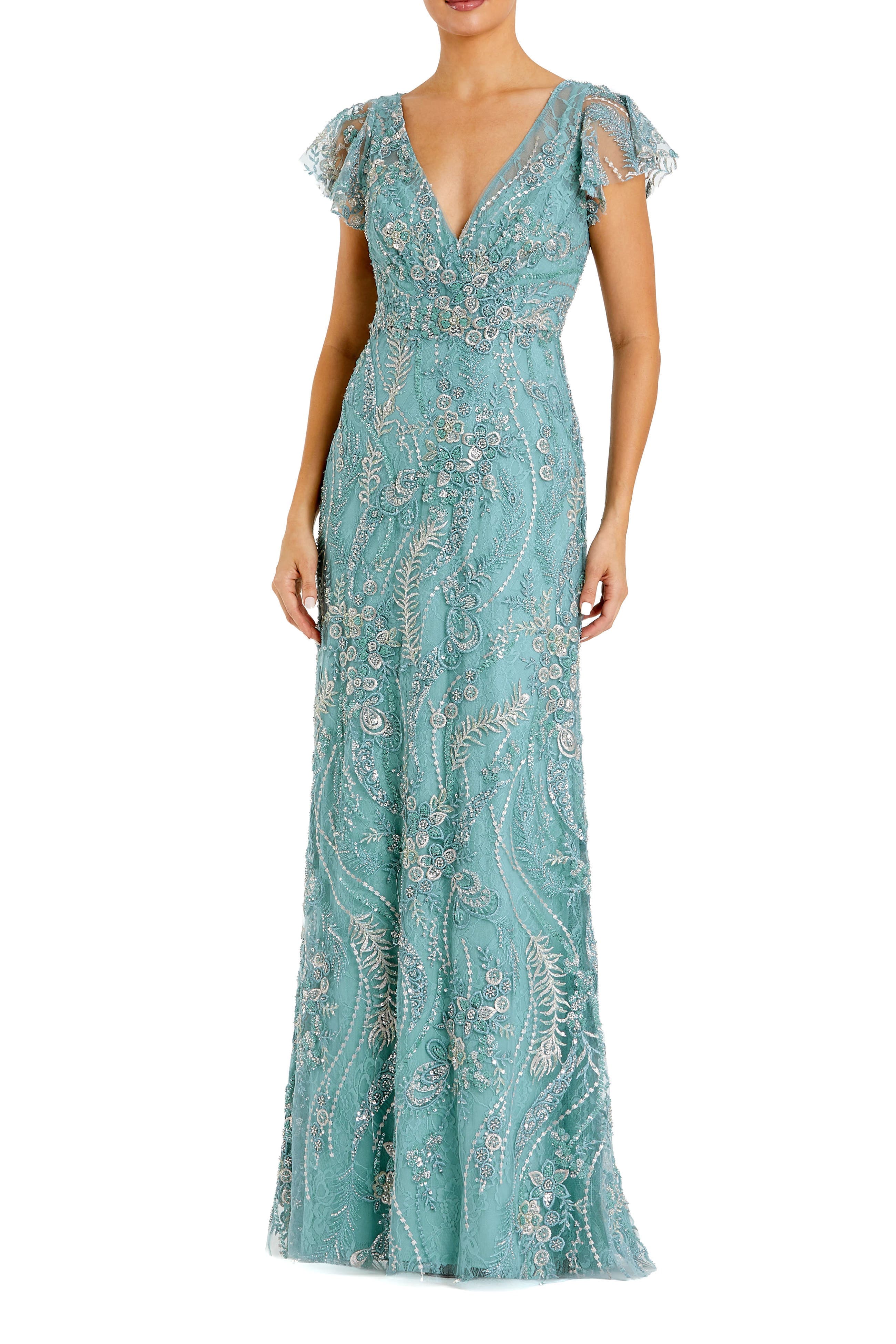 Petite V Neck Flutter Sleeve Floral Embroidered Gown - image 1