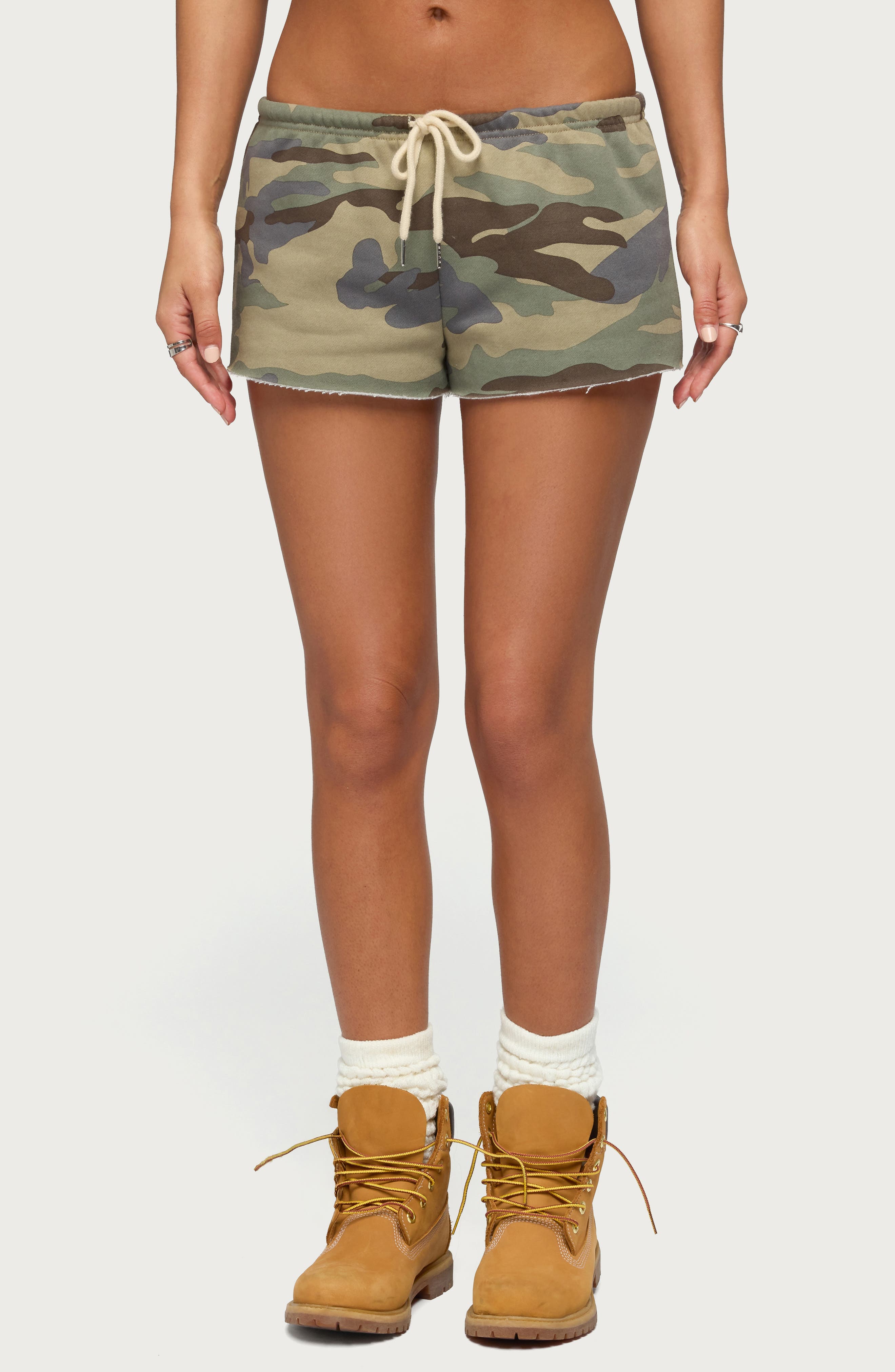 Camo Print Raw Hem Drawstring Shorts - image 1