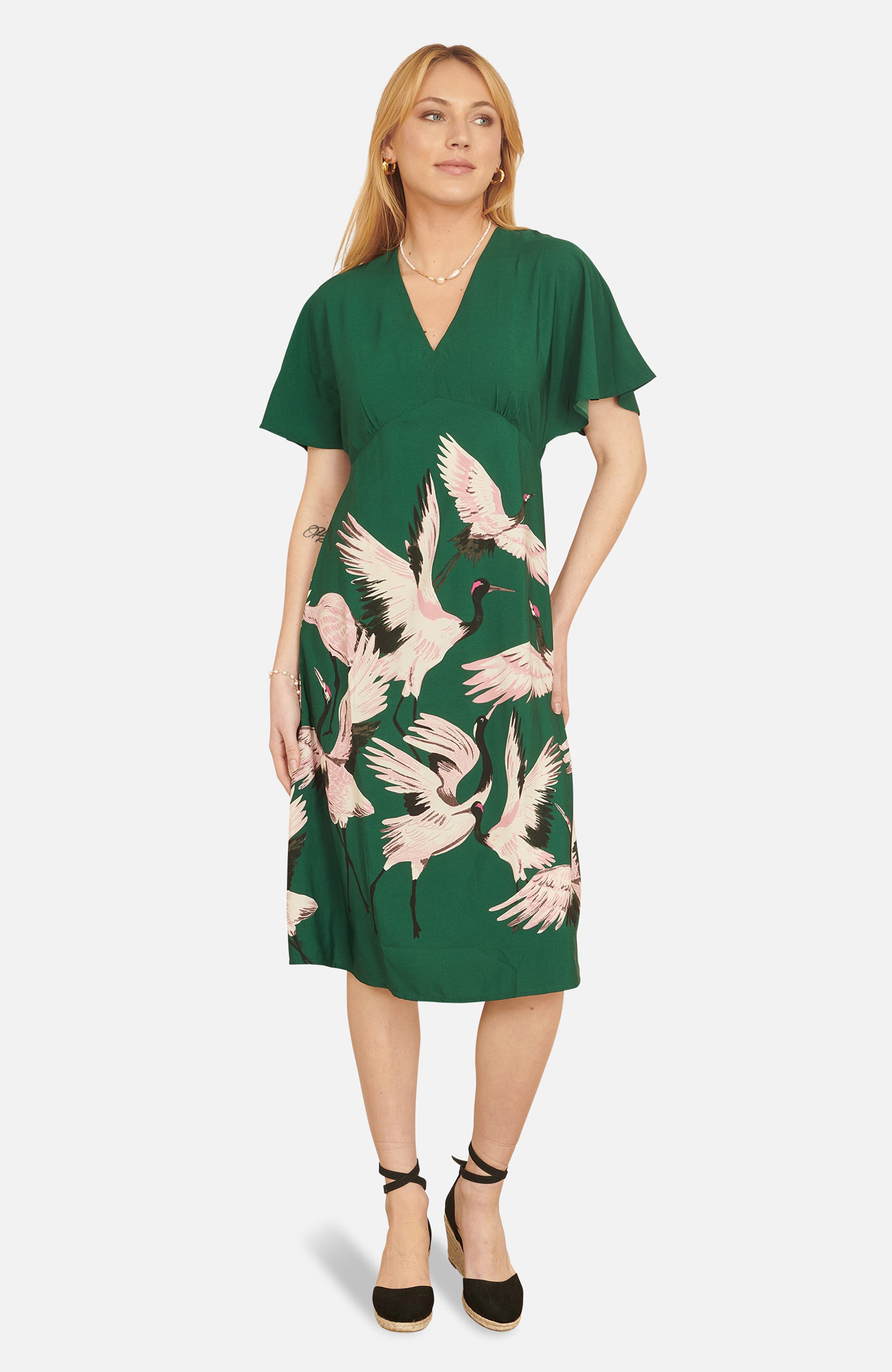 Crane Print Midi Dress - image 1