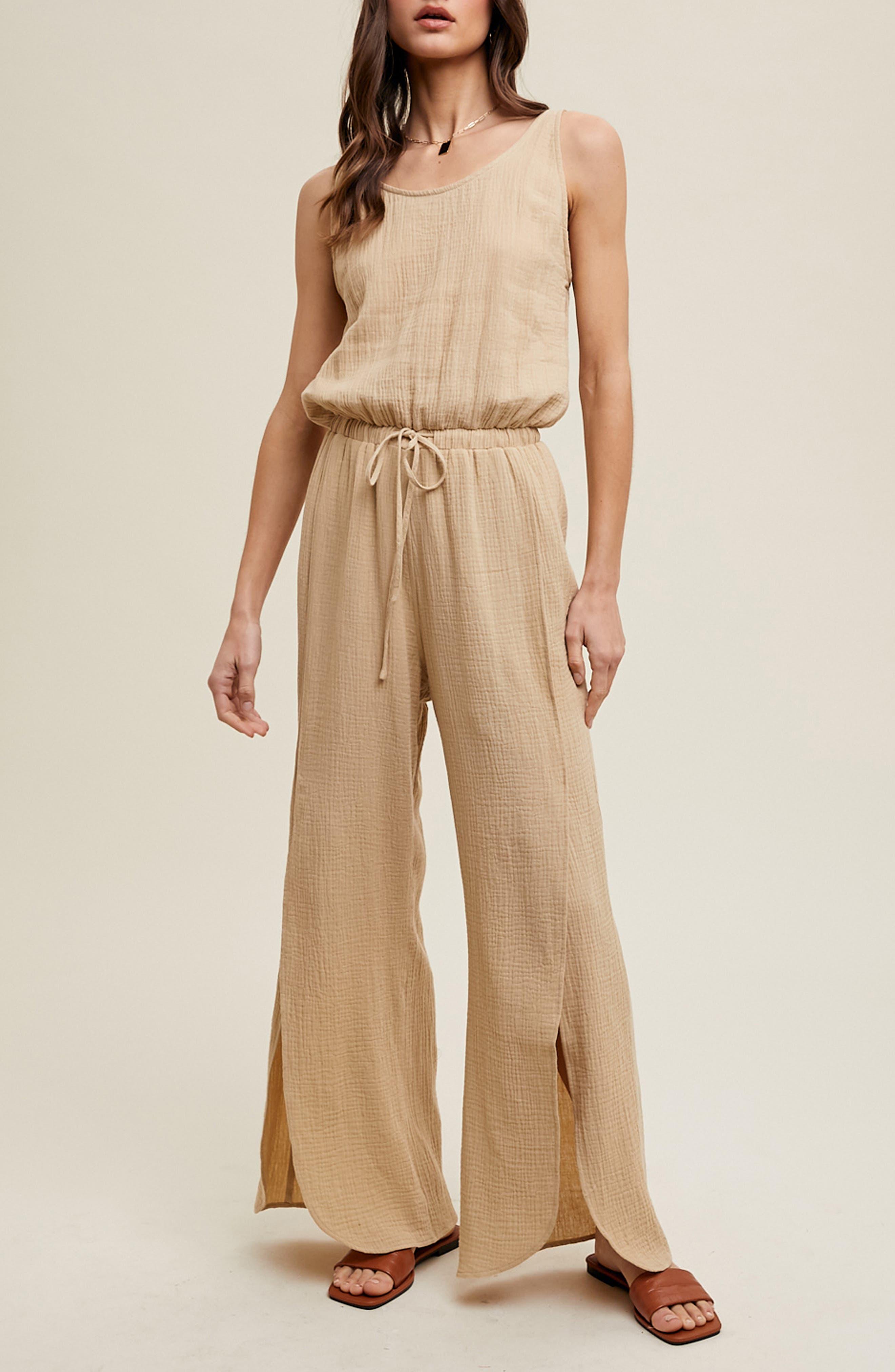 Cotton Gauze Slit Wide Leg Jumpsuit - image 1