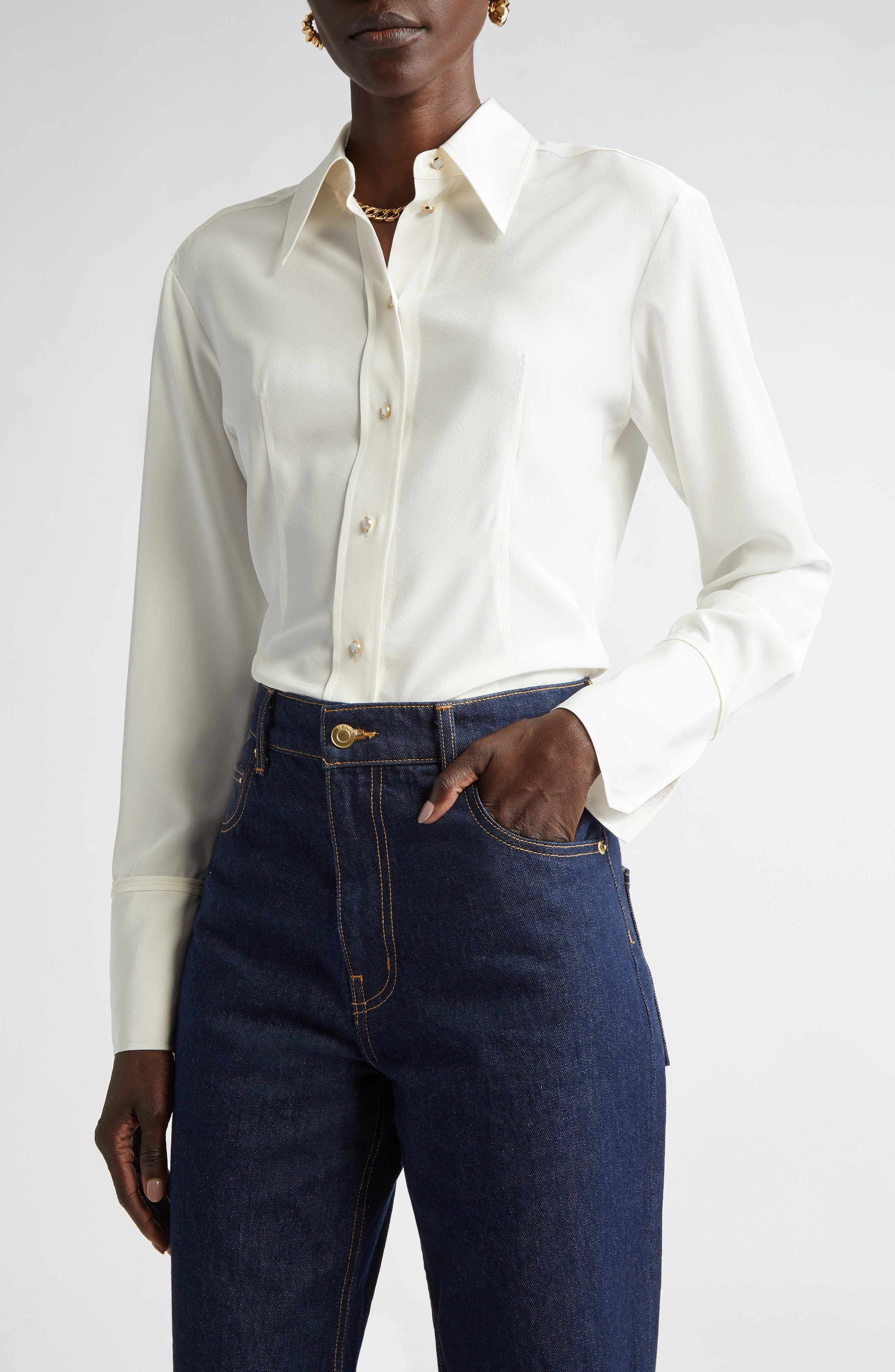 Silk Crepe de Chine Button-Up Shirt - image 1