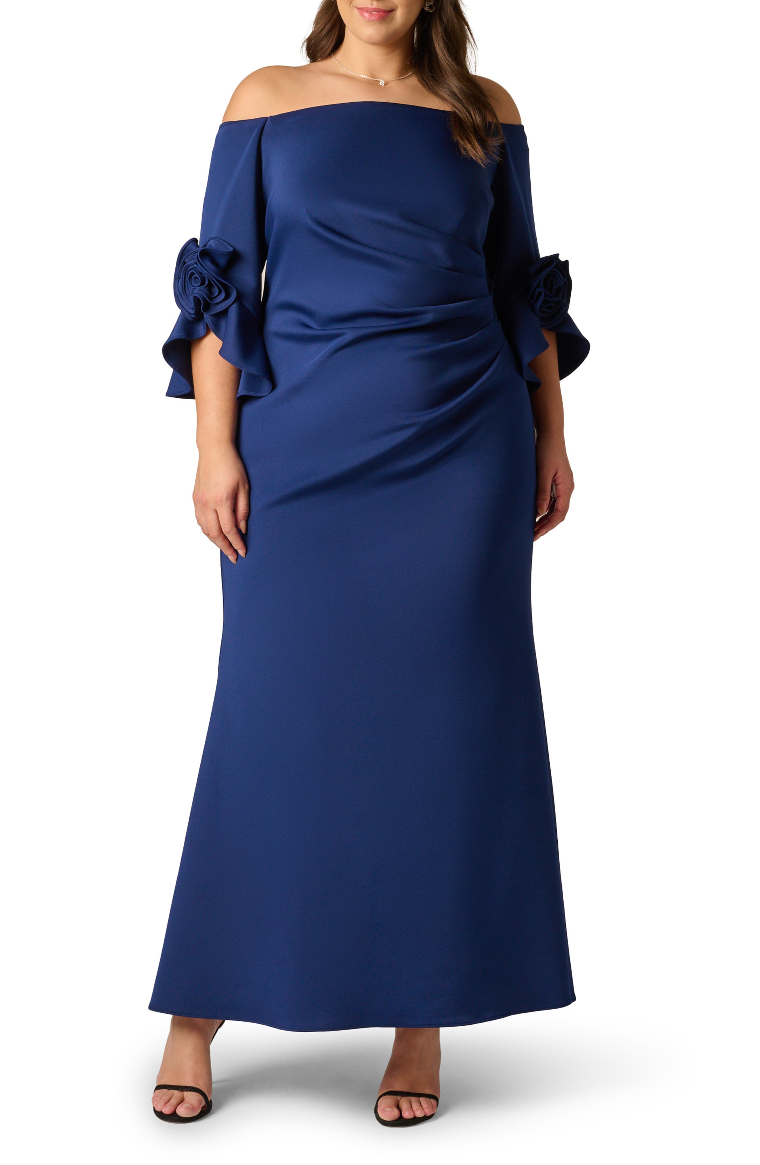 Rosette Off the Shoulder Scuba Crepe Gown - image 1
