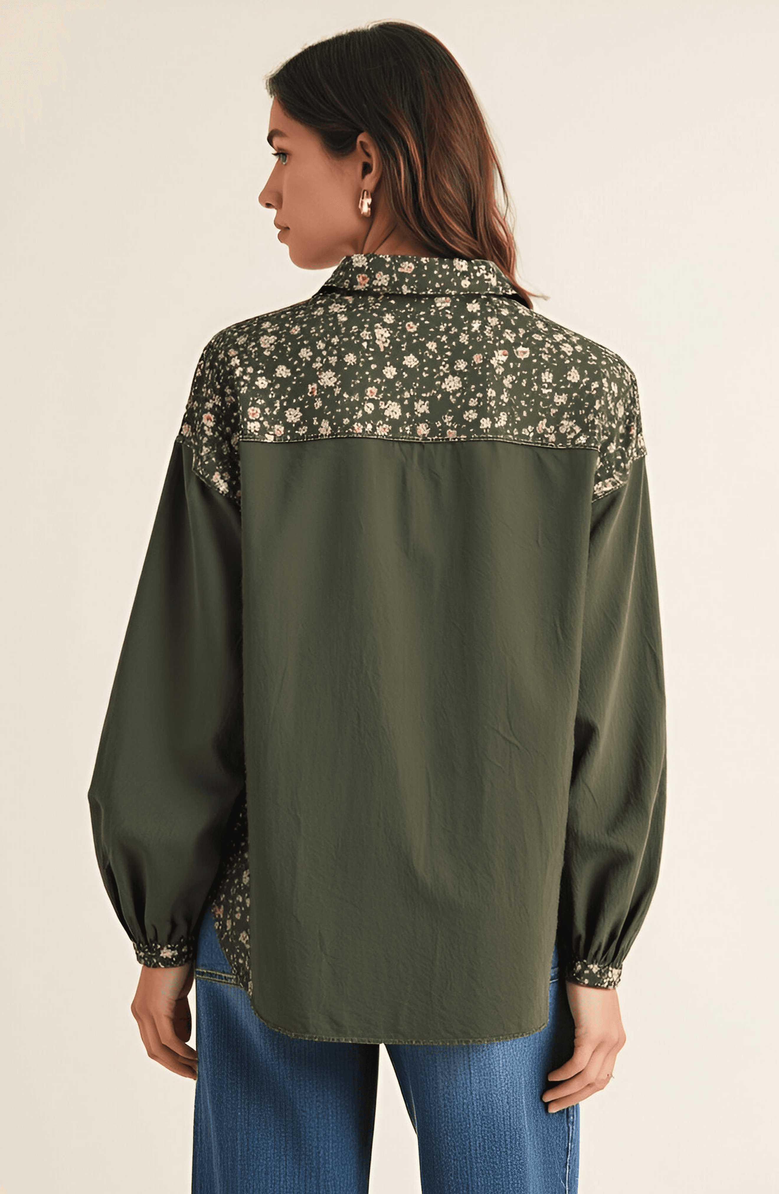 Long Sleeve Floral Print Trim Button Up Shirt - image 2