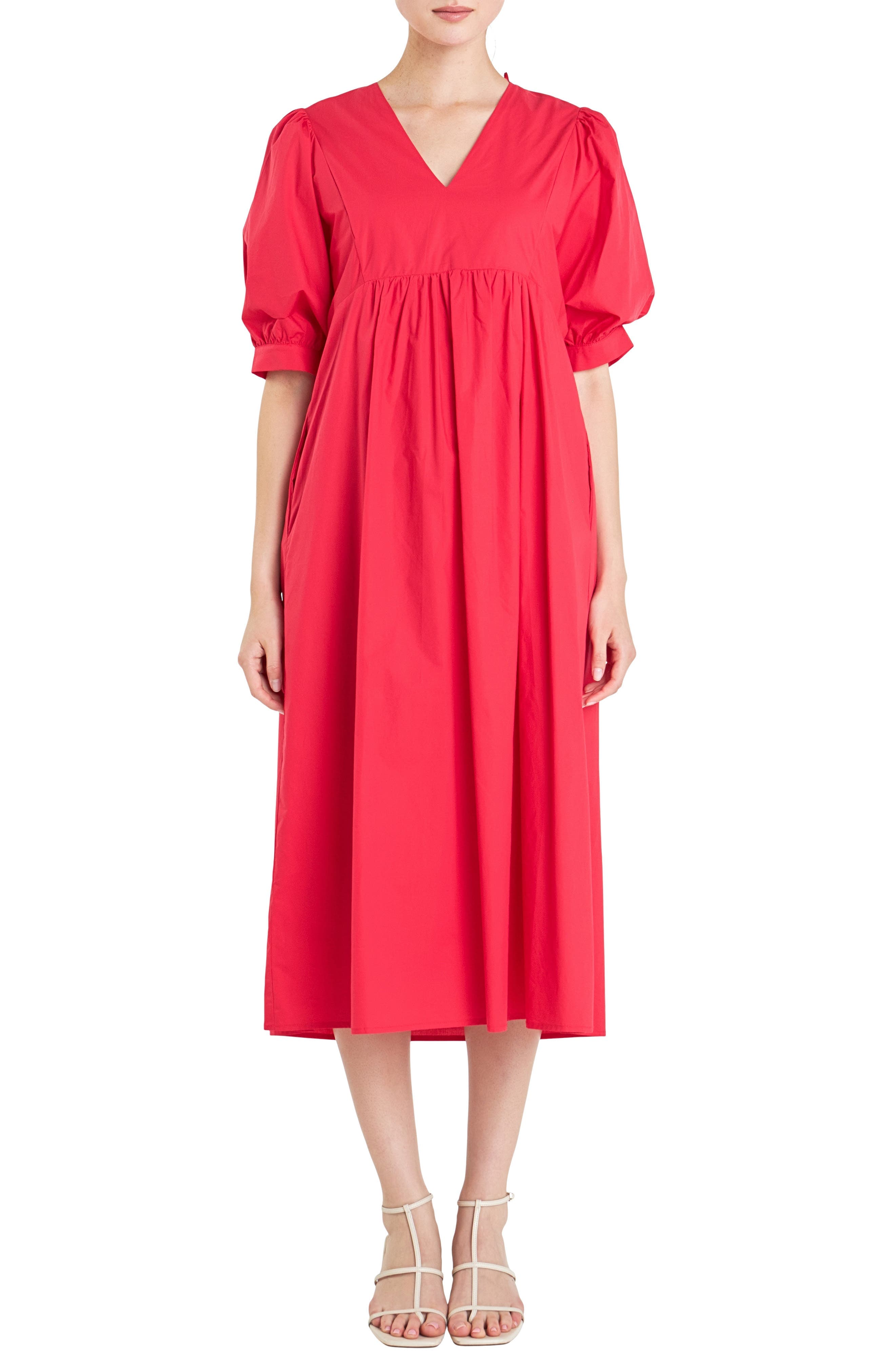 Puff Sleeve Bow Tie Midi Dress - image 1