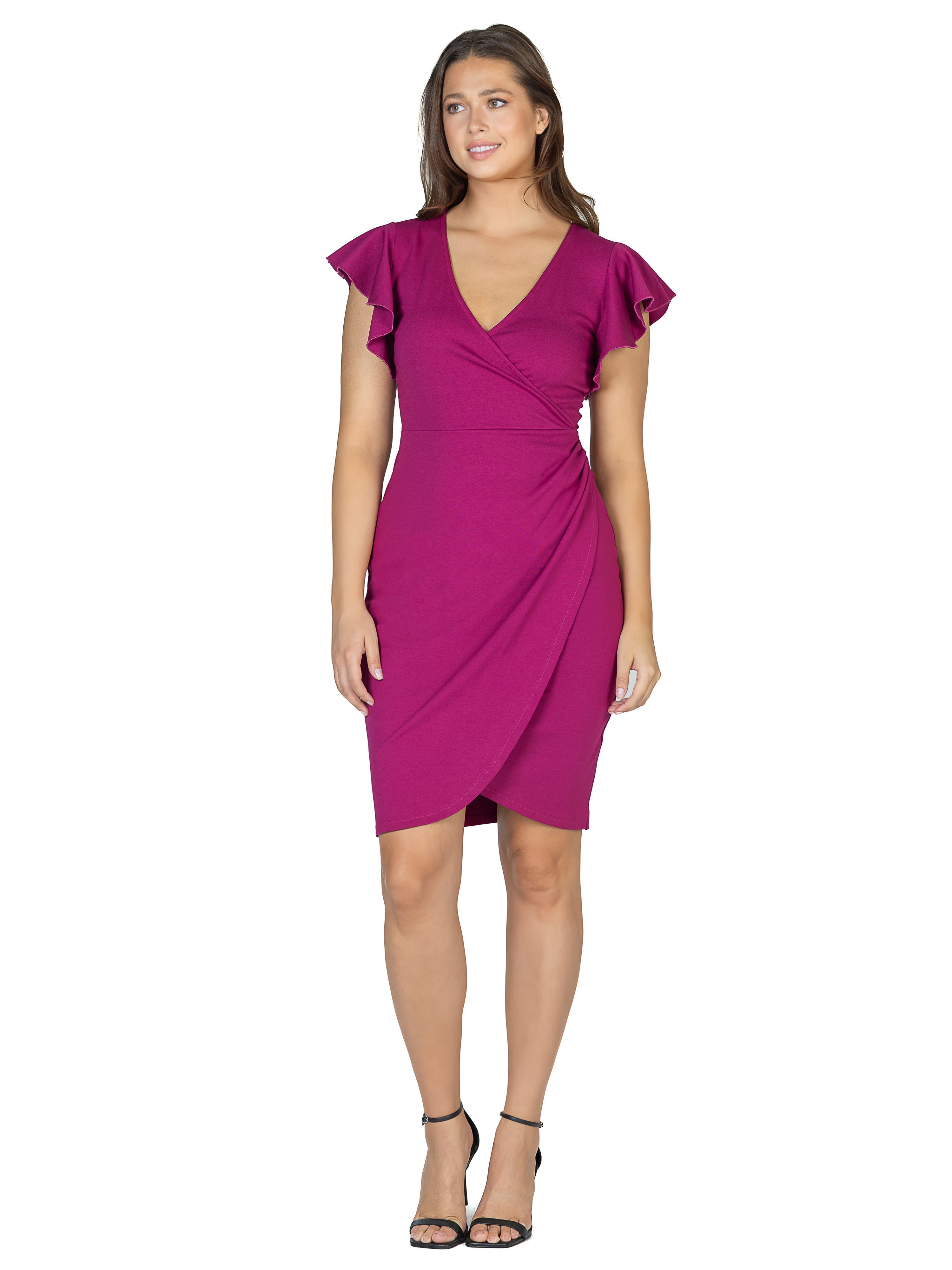 Petite V Neck Ruffle Sleeve Knee Length Dress - image 5