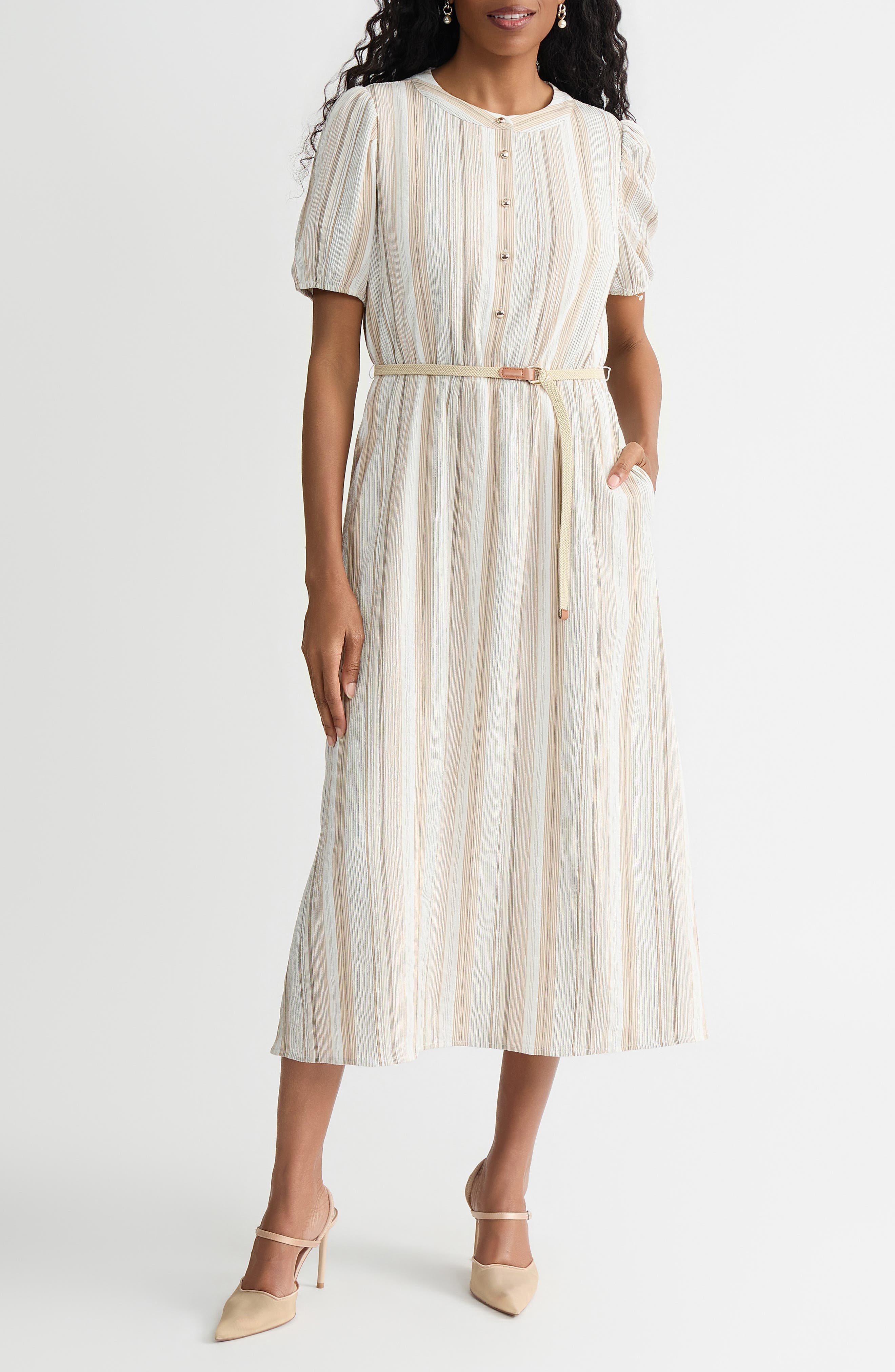 Stripe Short Sleeve Belted Shirtdress - image 1