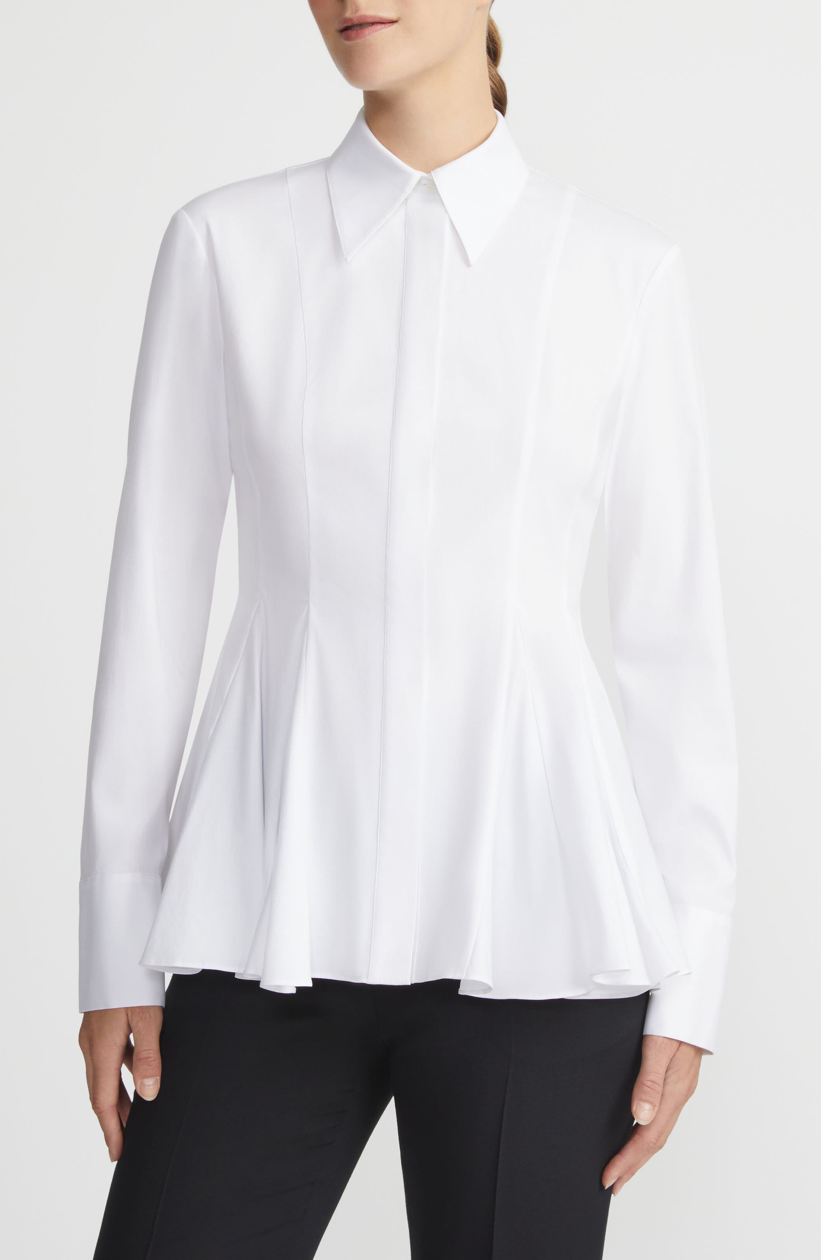 Godet Pleat Stretch Poplin Peplum Shirt - image 1