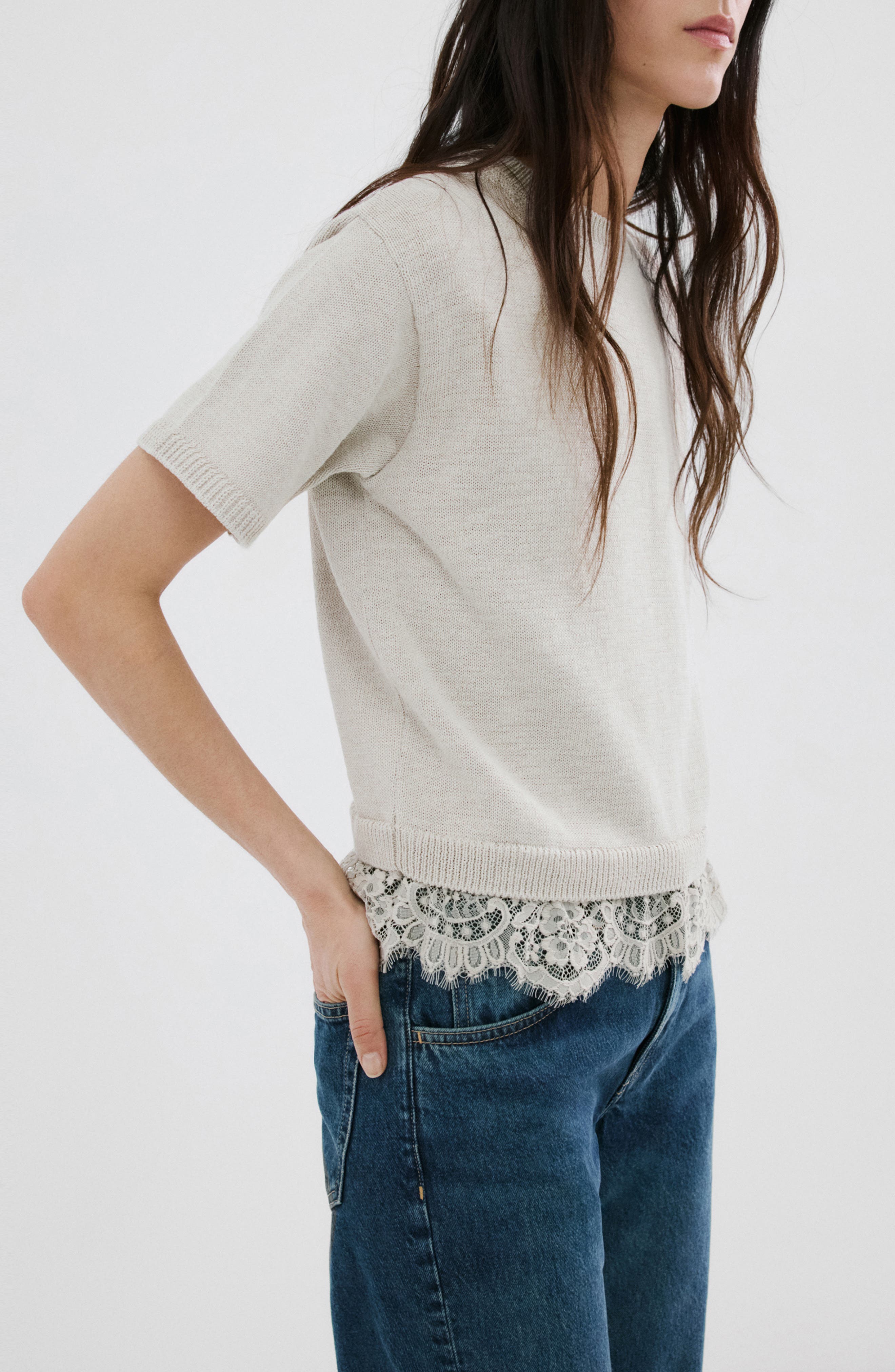 Lace Trim Short Sleeve Sweater - image 1