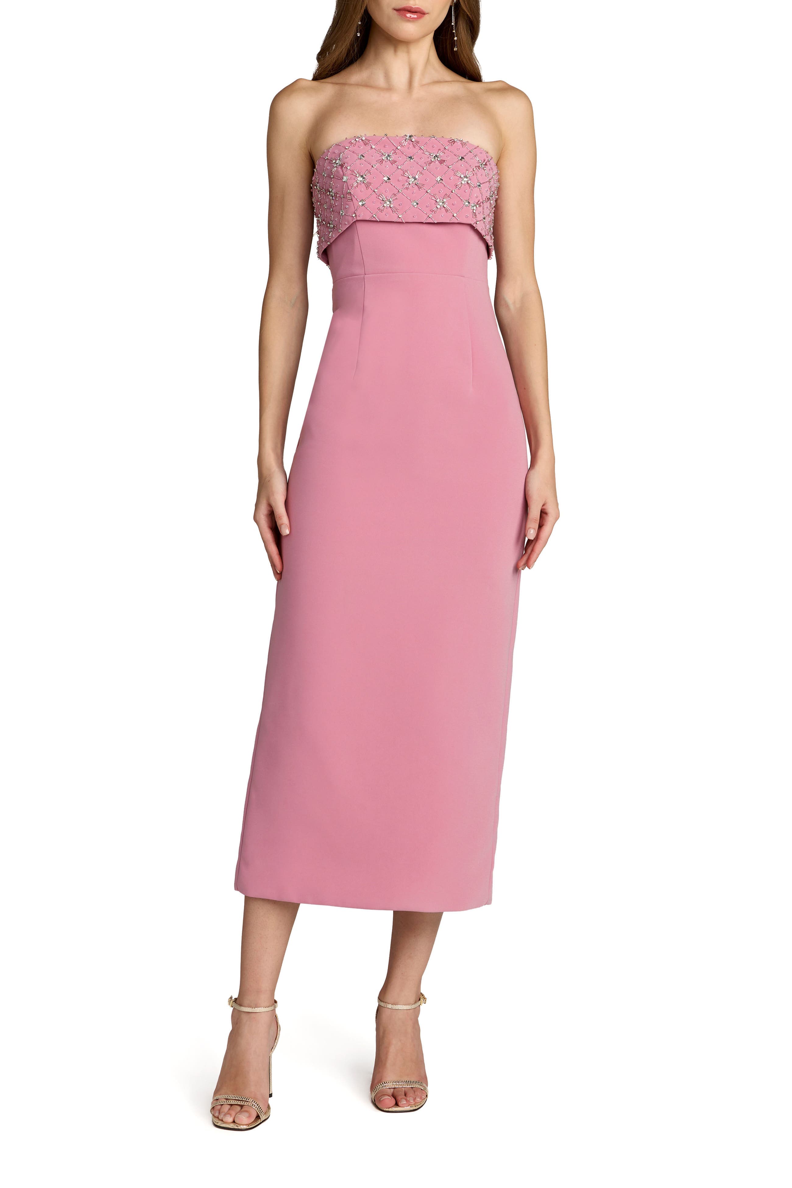 Women's Strapless Crepe Midi Dress with Rhinestone Embellished Bodice - image 1