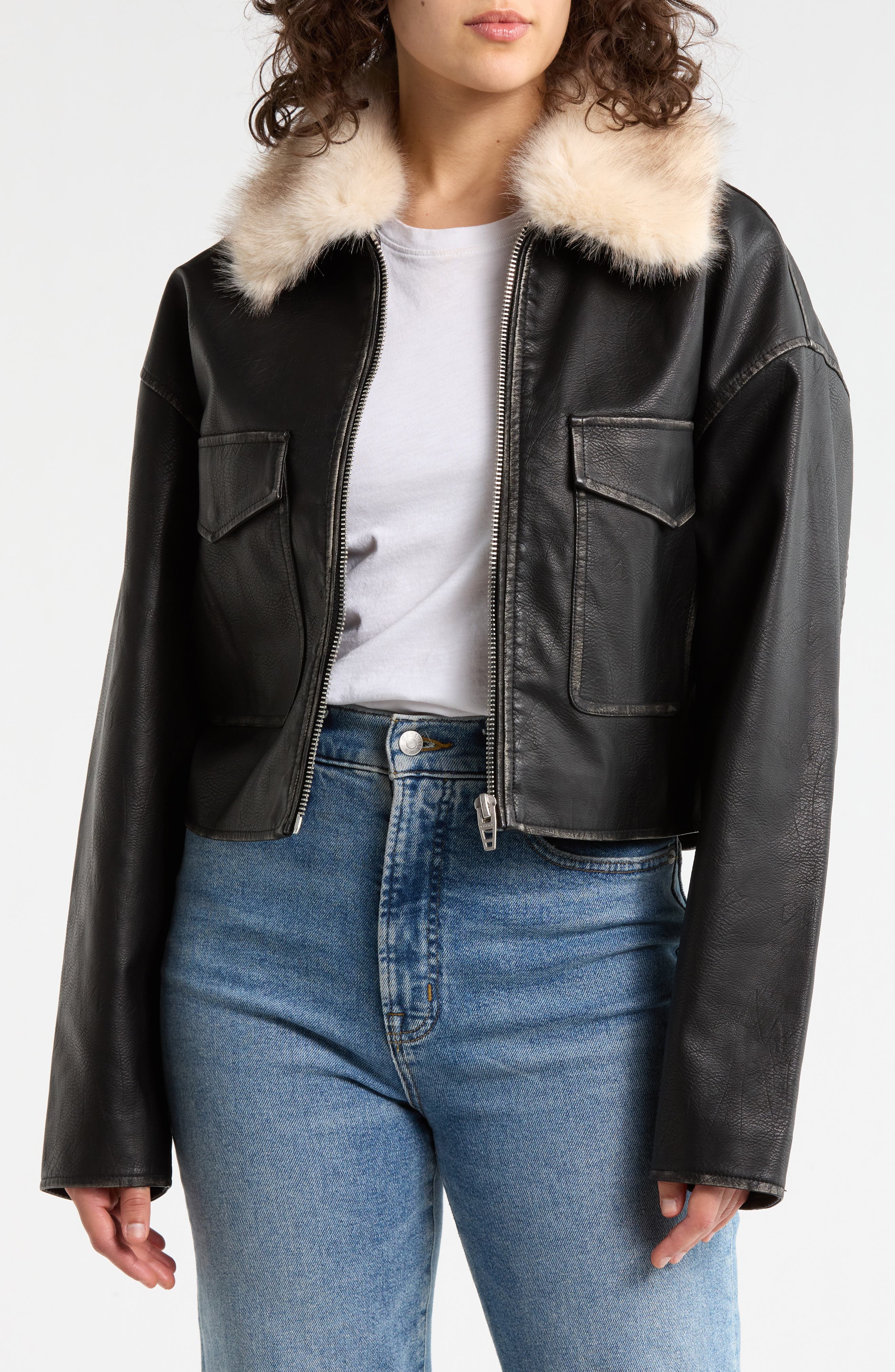 Faux Leather Jacket with Removable Faux Fur Collar - image 1