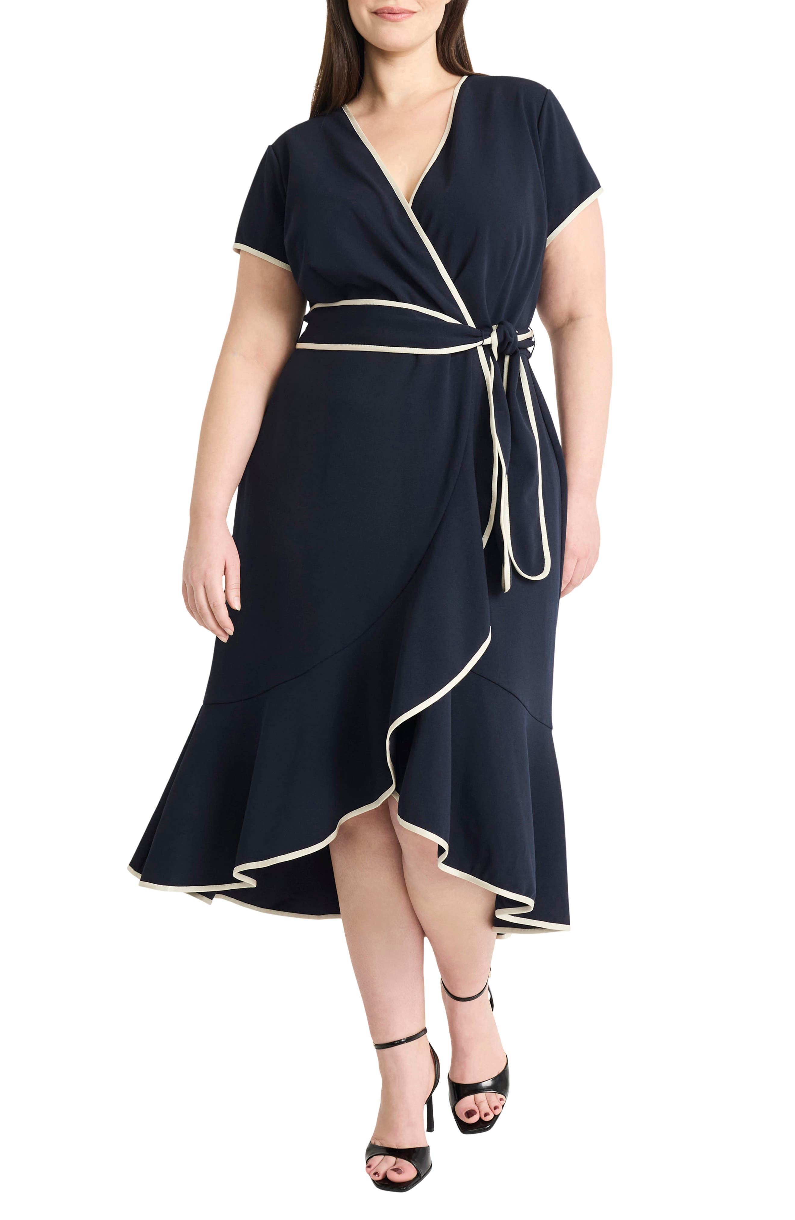 Contrast Trim Short Sleeve Faux Wrap Dress - image 1