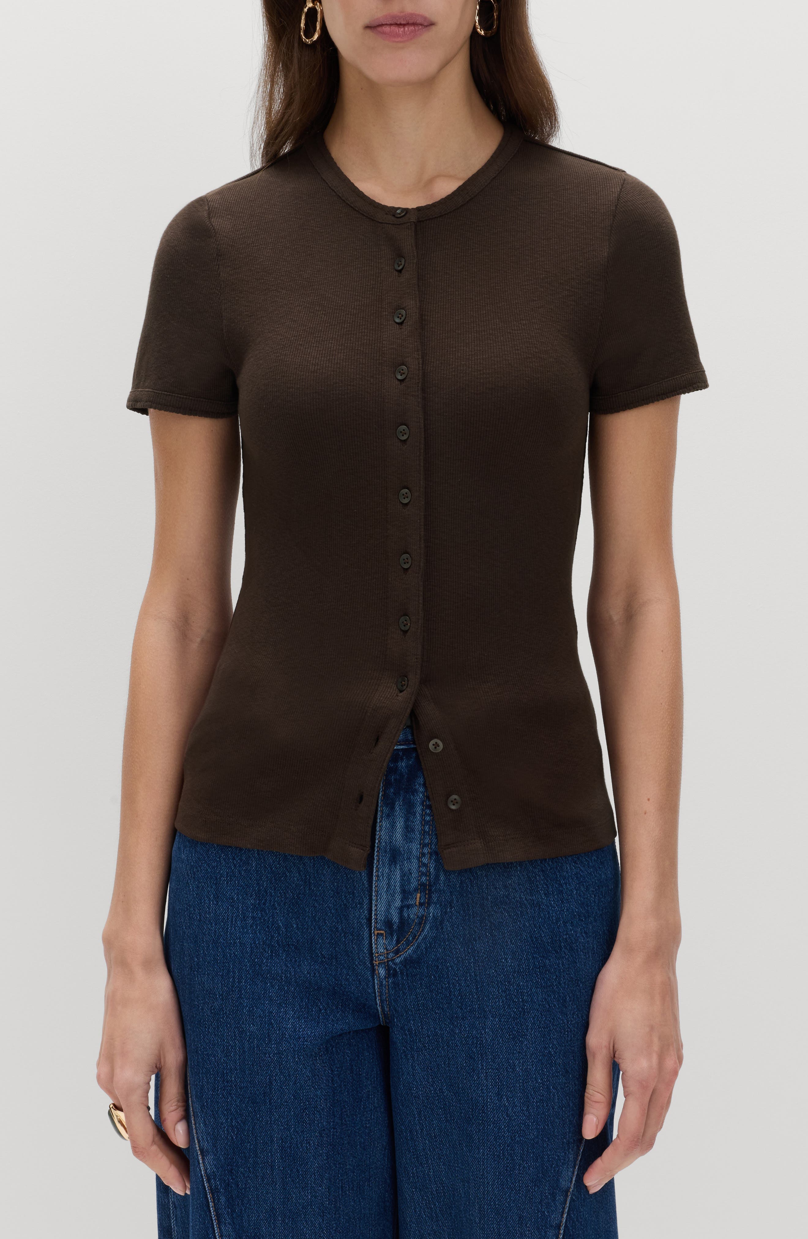 Rib Short Sleeve Button-Up Top - image 1