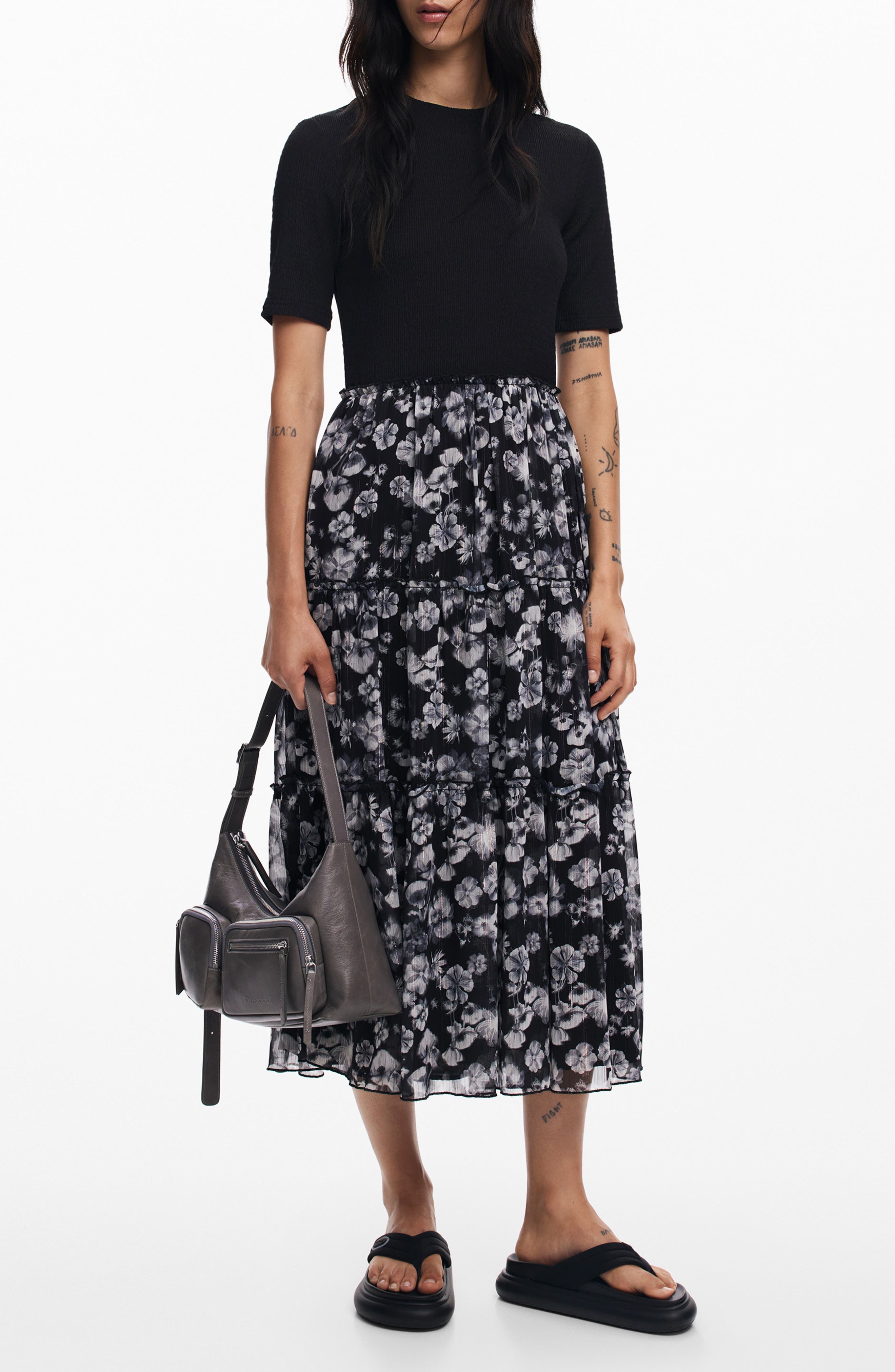 Indianapolis Metallic Floral Print Mixed Media Dress - image 1