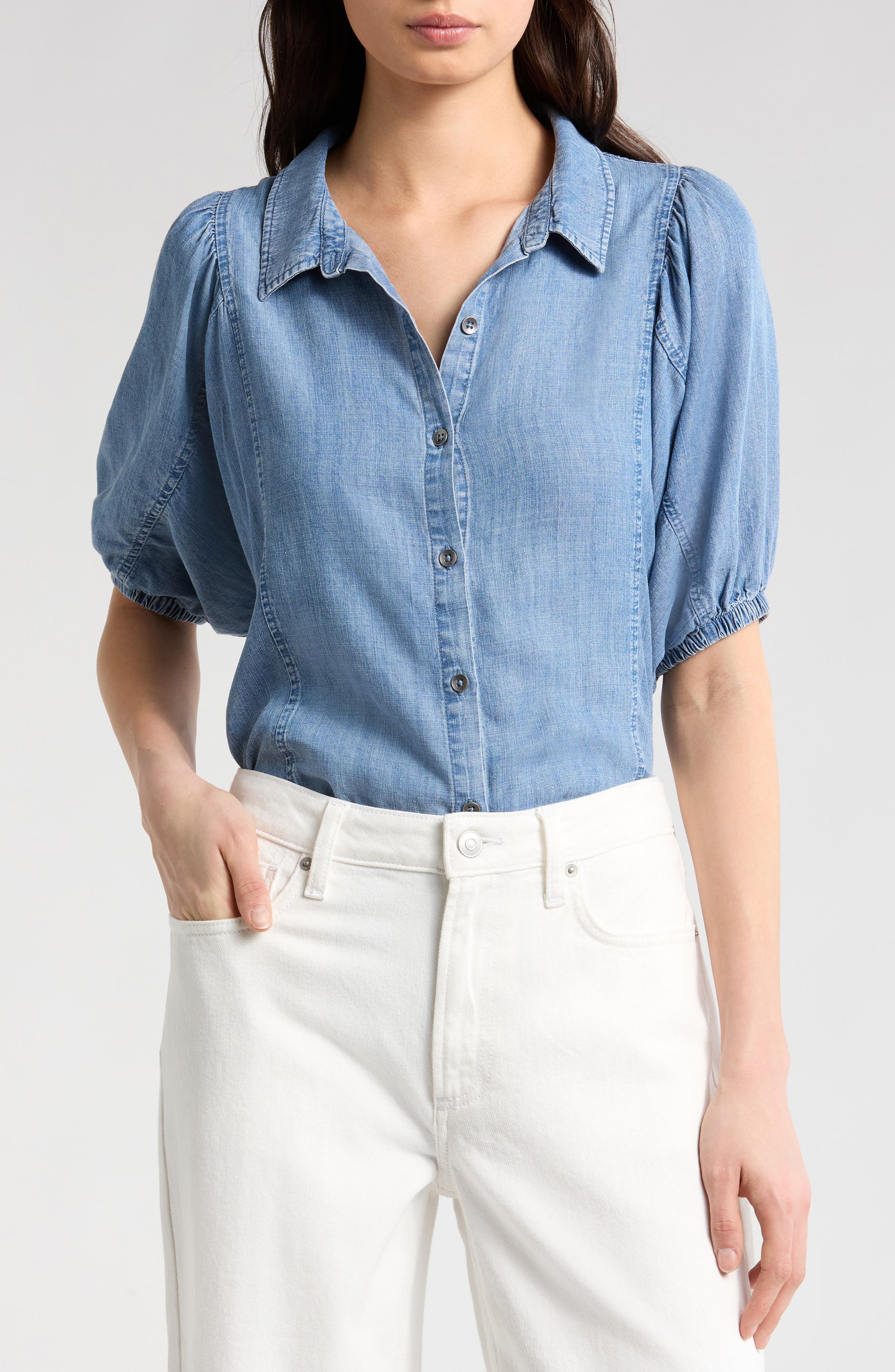 Violet Puff Sleeve Denim Shirt - image 1