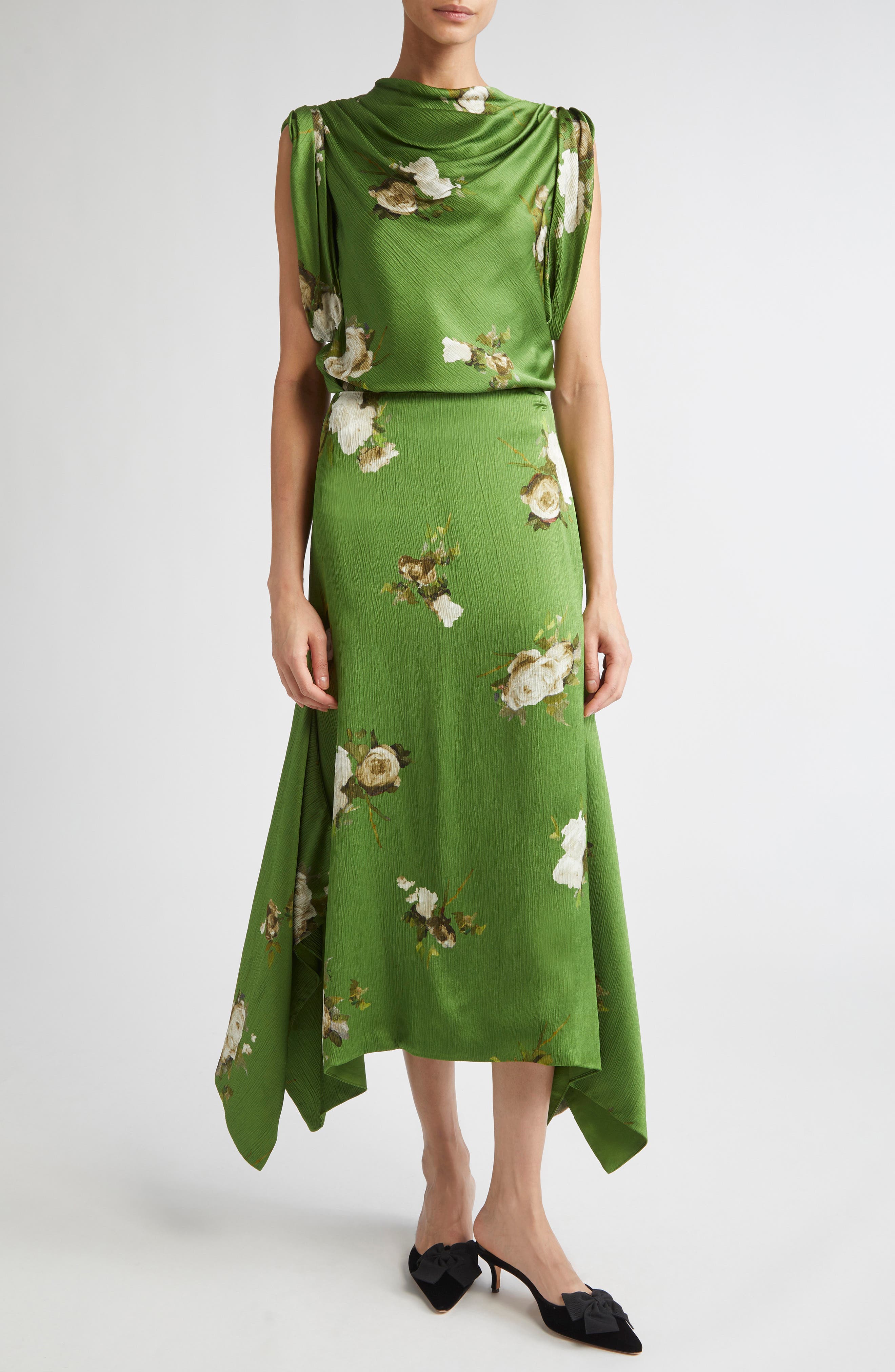 Rose Print Crinkled Satin Midi Skirt - image 2