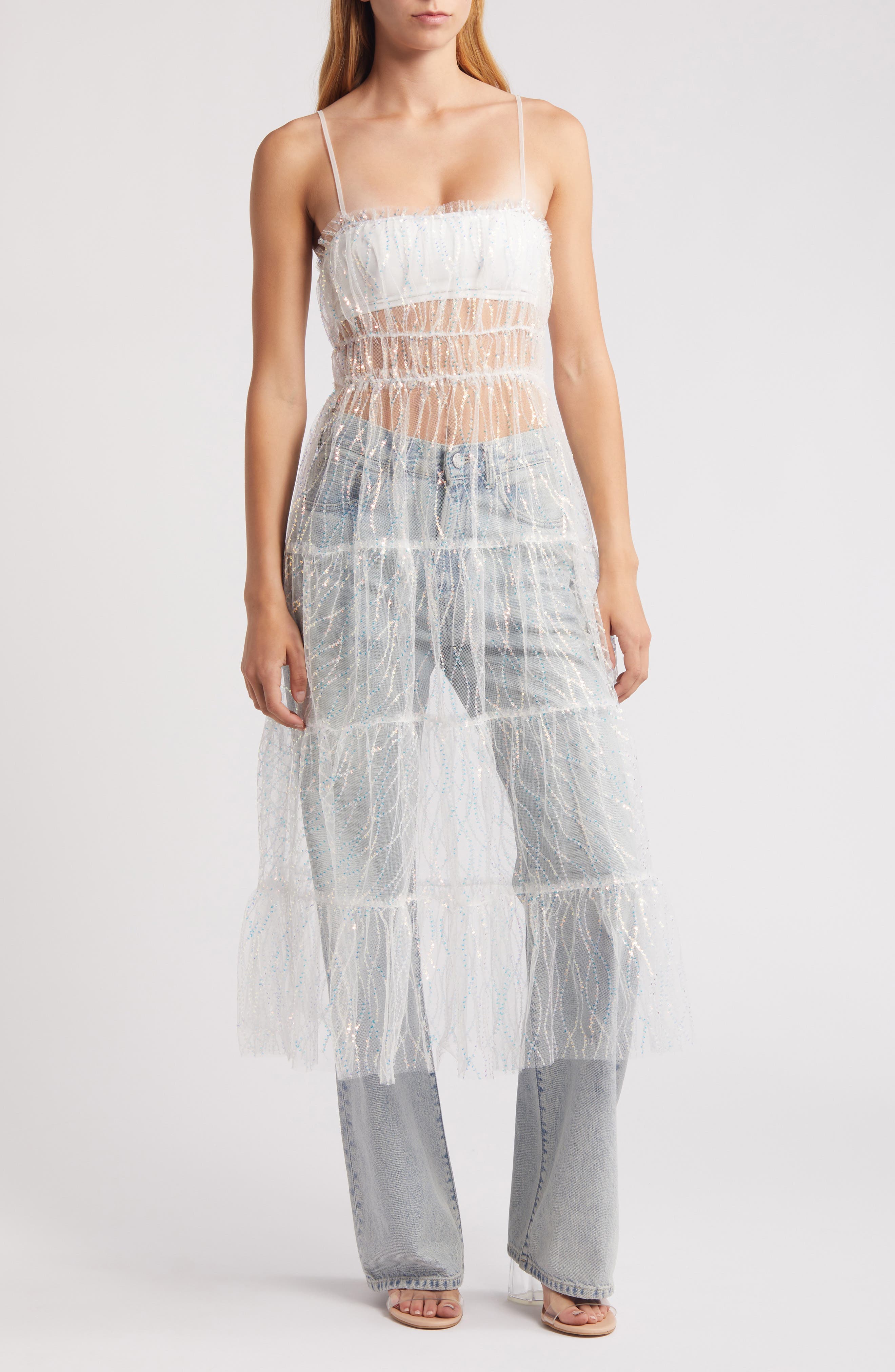 Sequin Tulle Sheer Midi Dress - image 1