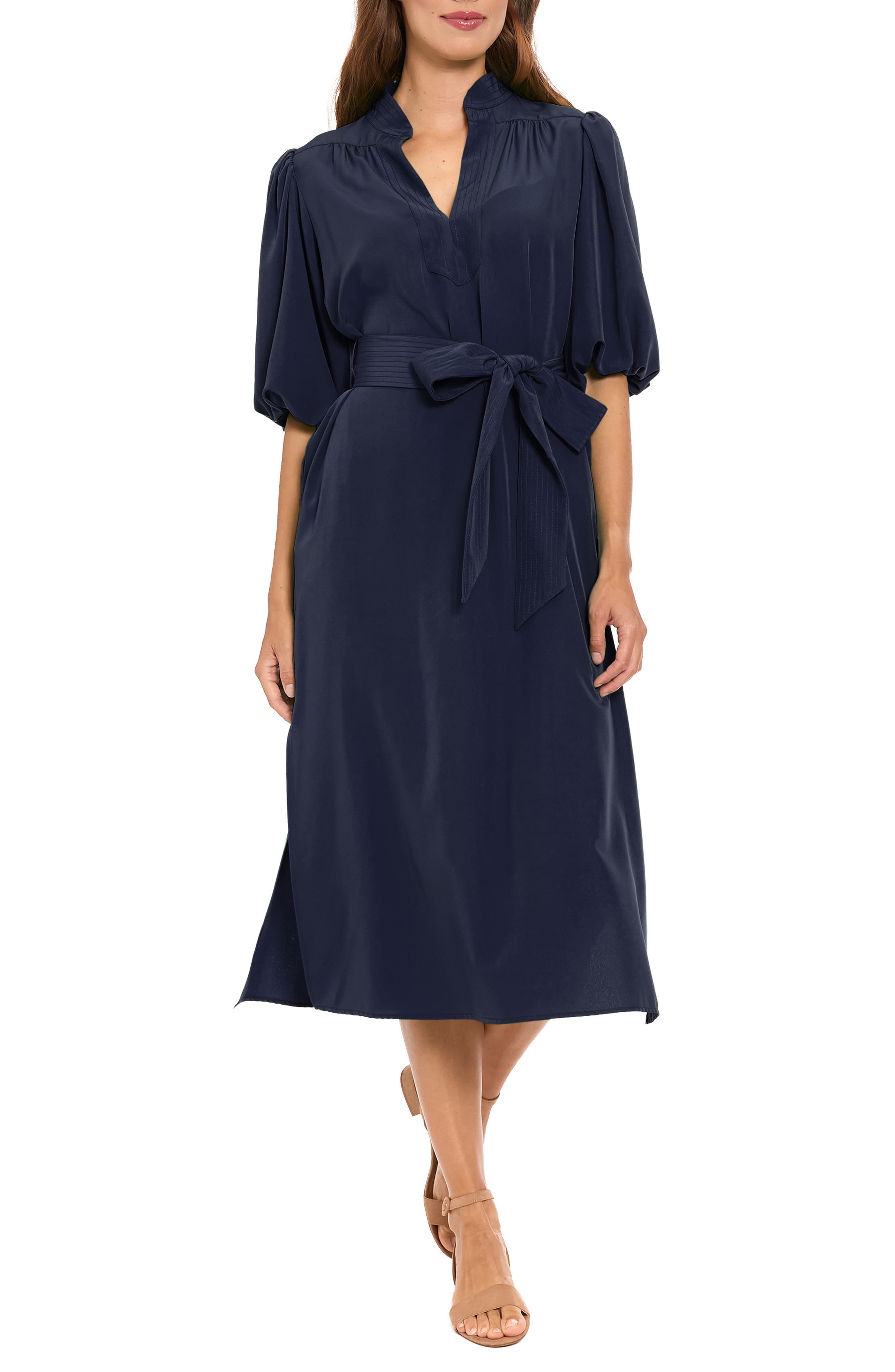 Split Neck Tie Waist Midi Dress - image 3