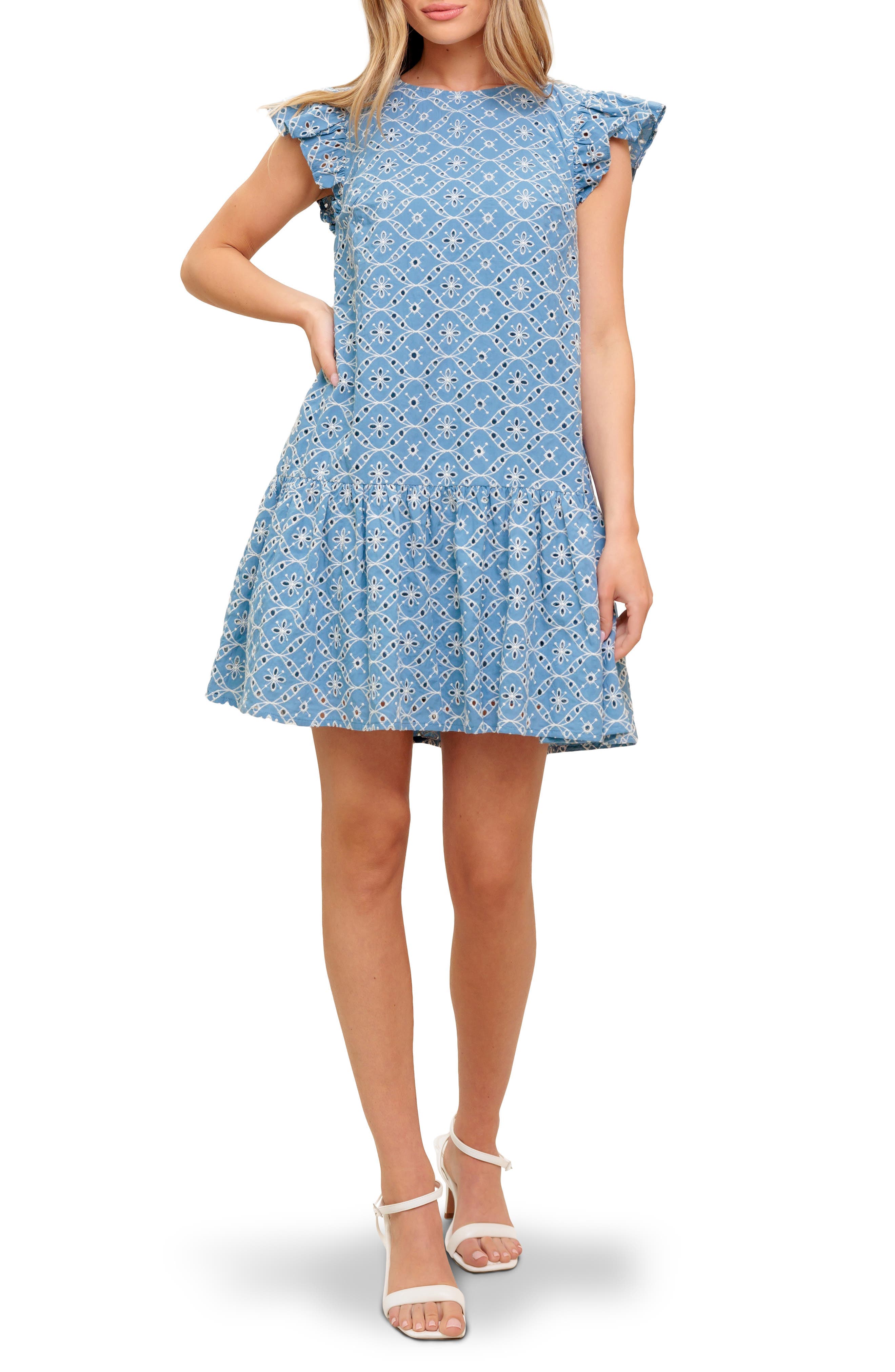 Embroidered Eyelet Cap Sleeve Drop Waist Dress - image 1