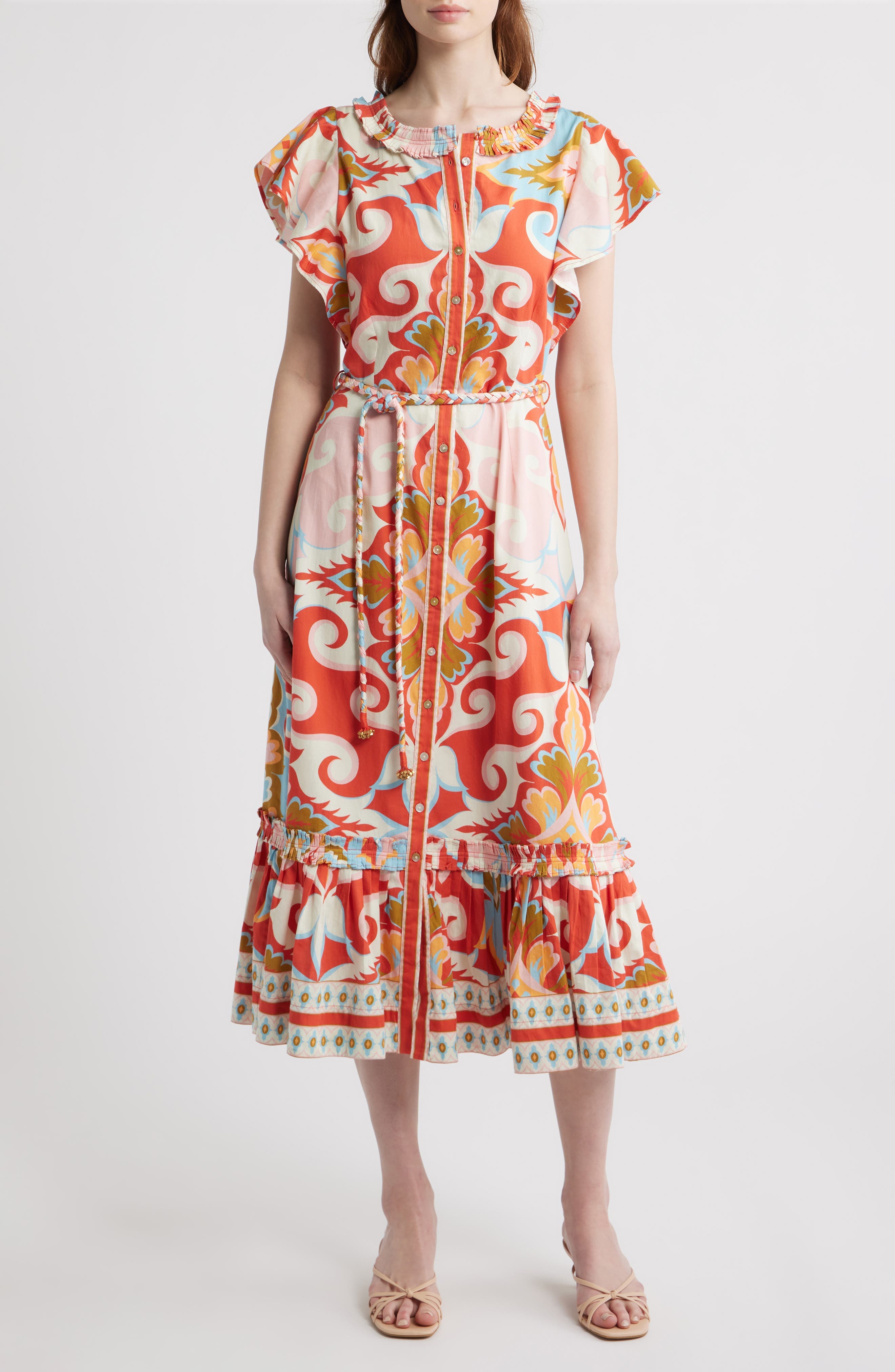 Ella Braided Tie Belt Cotton Midi Dress - image 1
