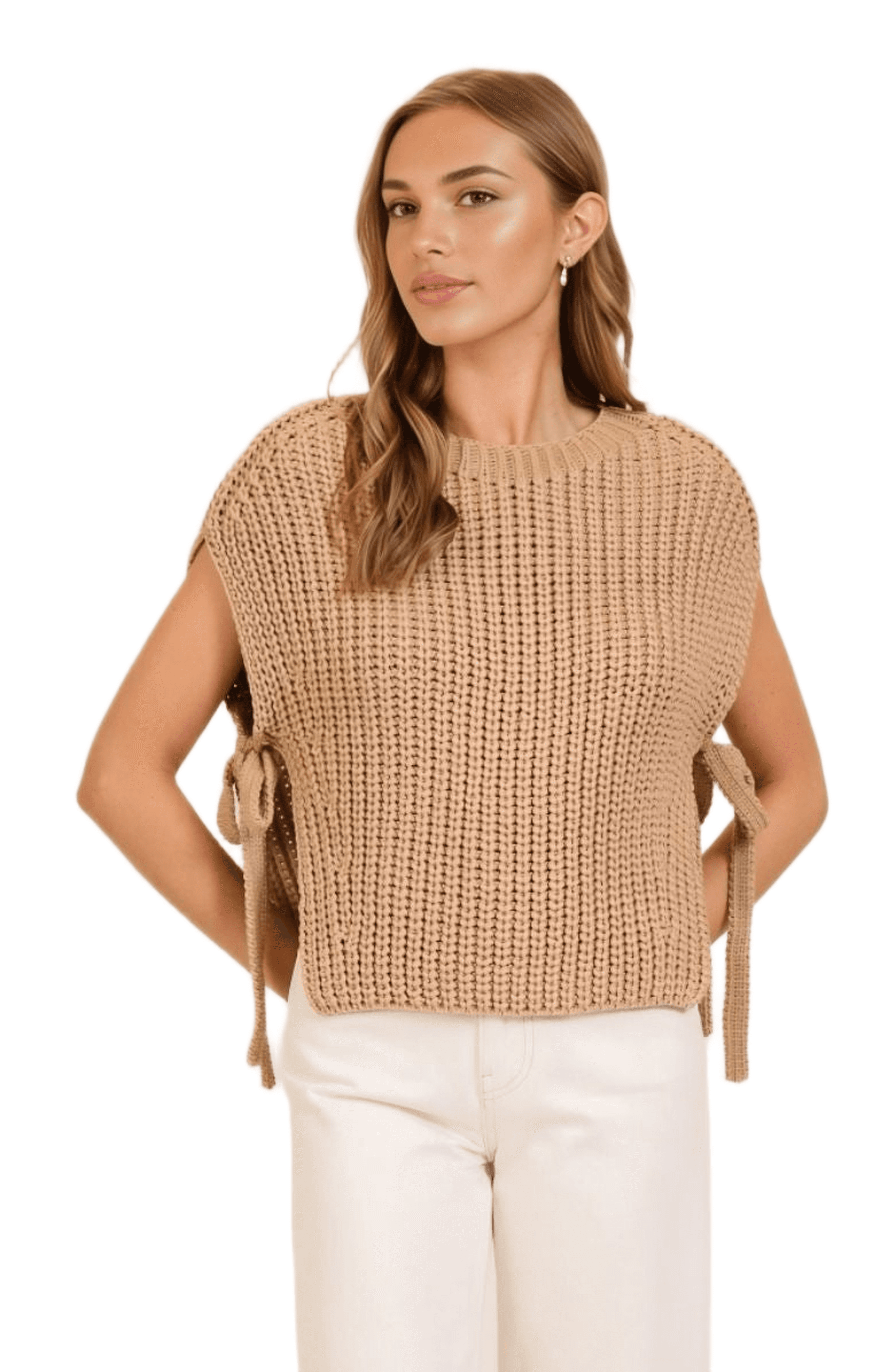 Sleeveless Knit Sweater with Side Tie Detail - image 1
