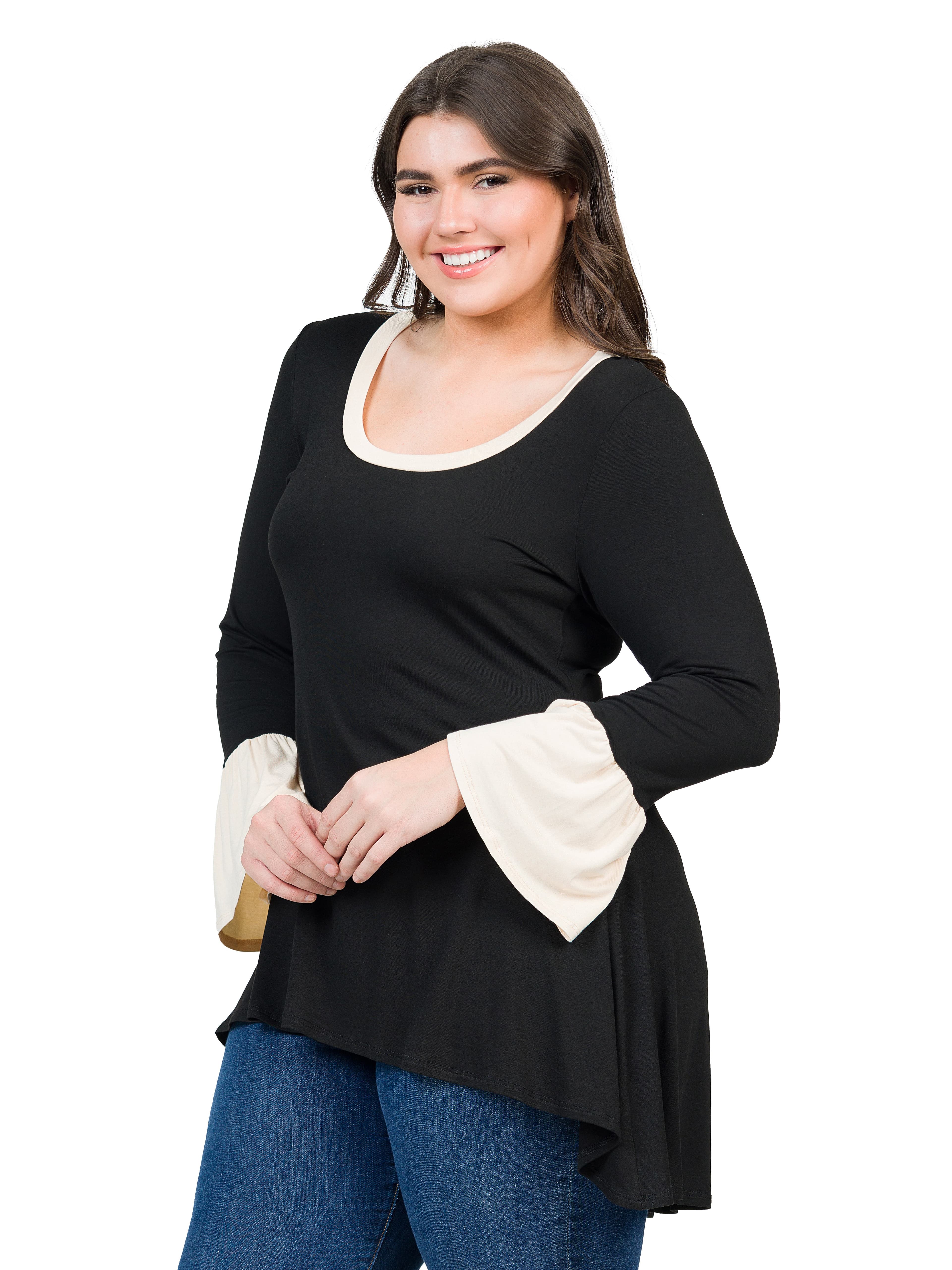 Plus Size Black and Beige Bell Sleeve Hi Low  Tunic Top - image 2