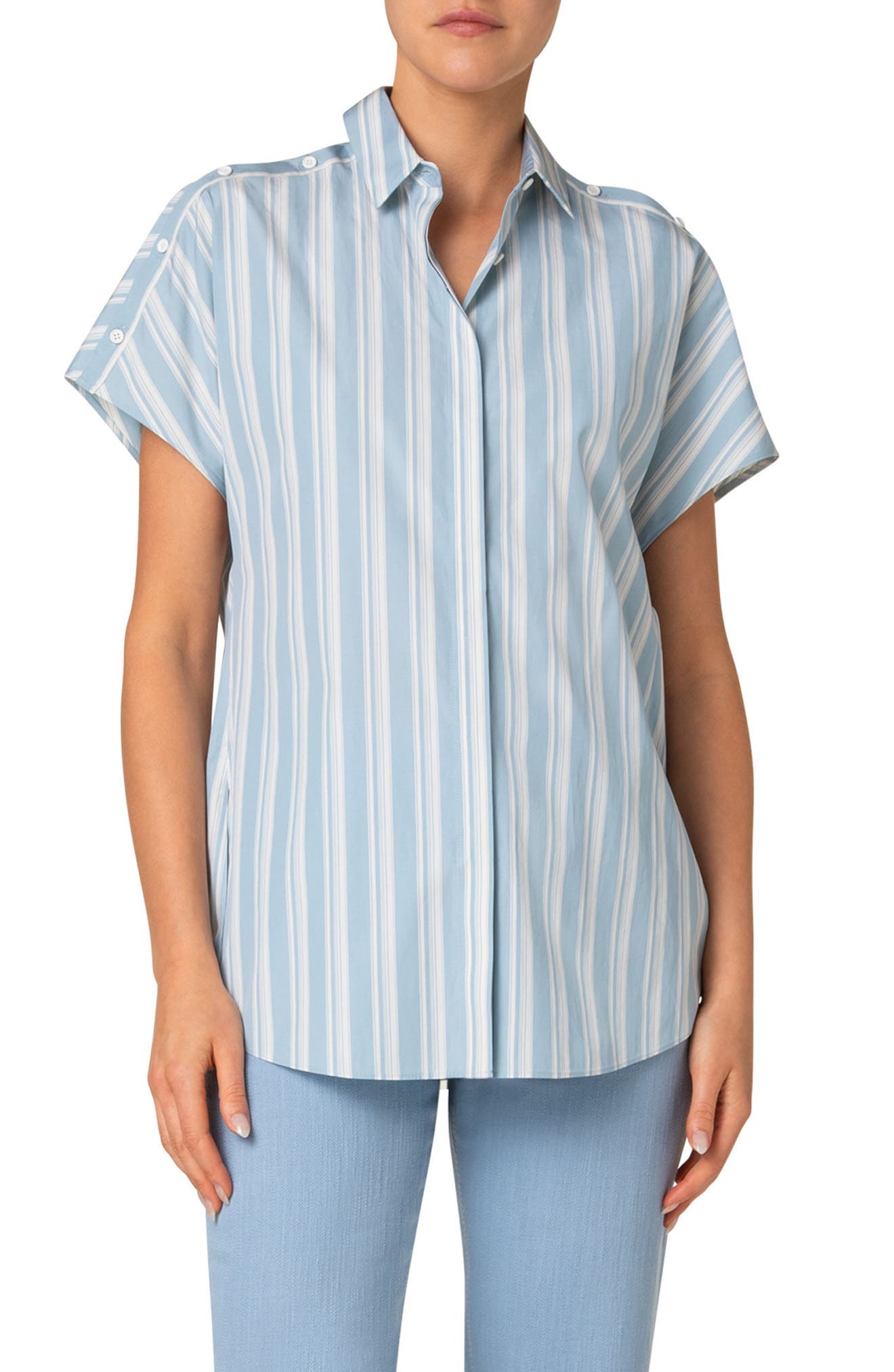 Stripe Cap Sleeve Button-Up Shirt - image 1