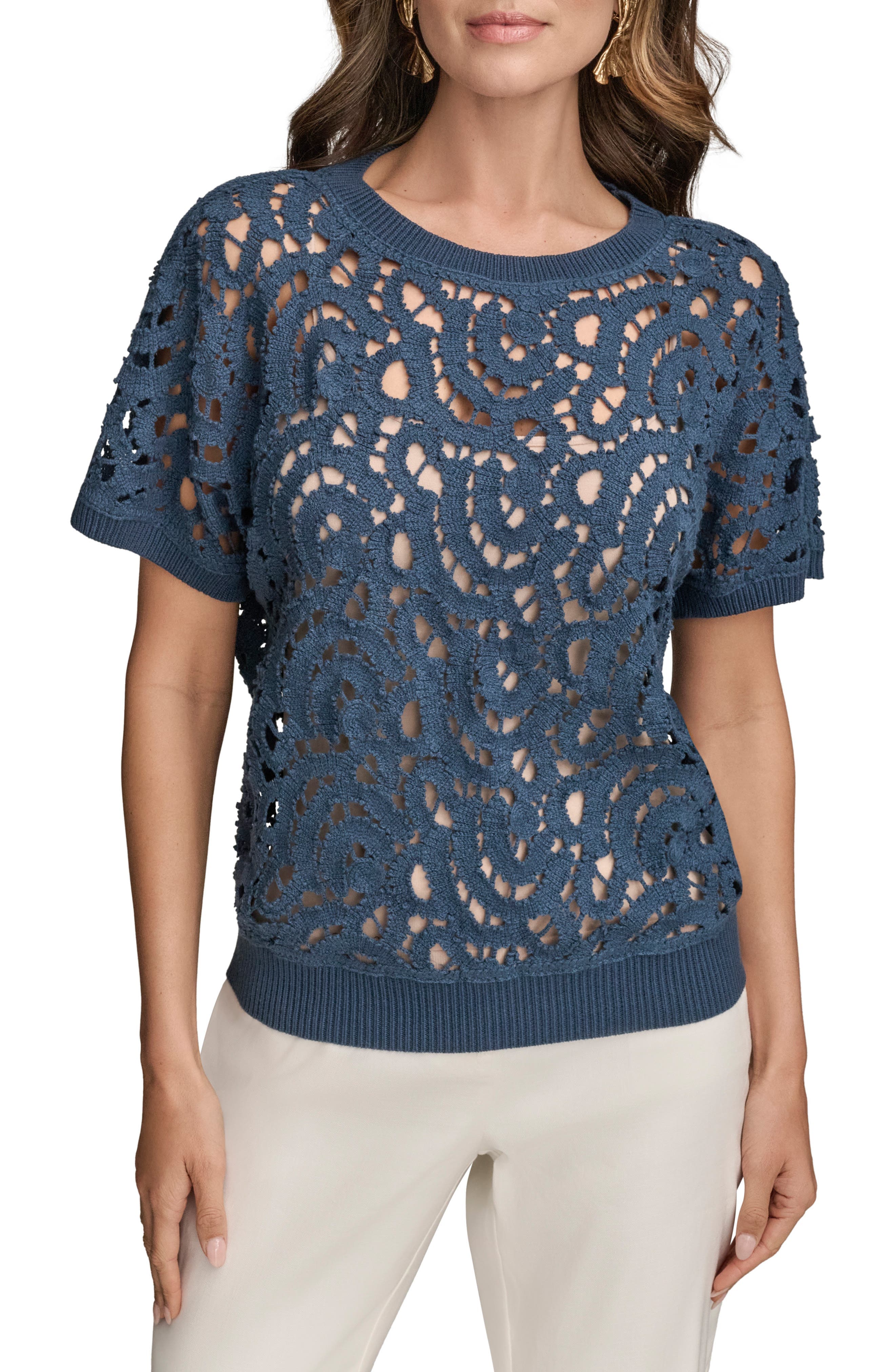 Drop Shoulder Crochet Short Sleeve Sweater - image 1