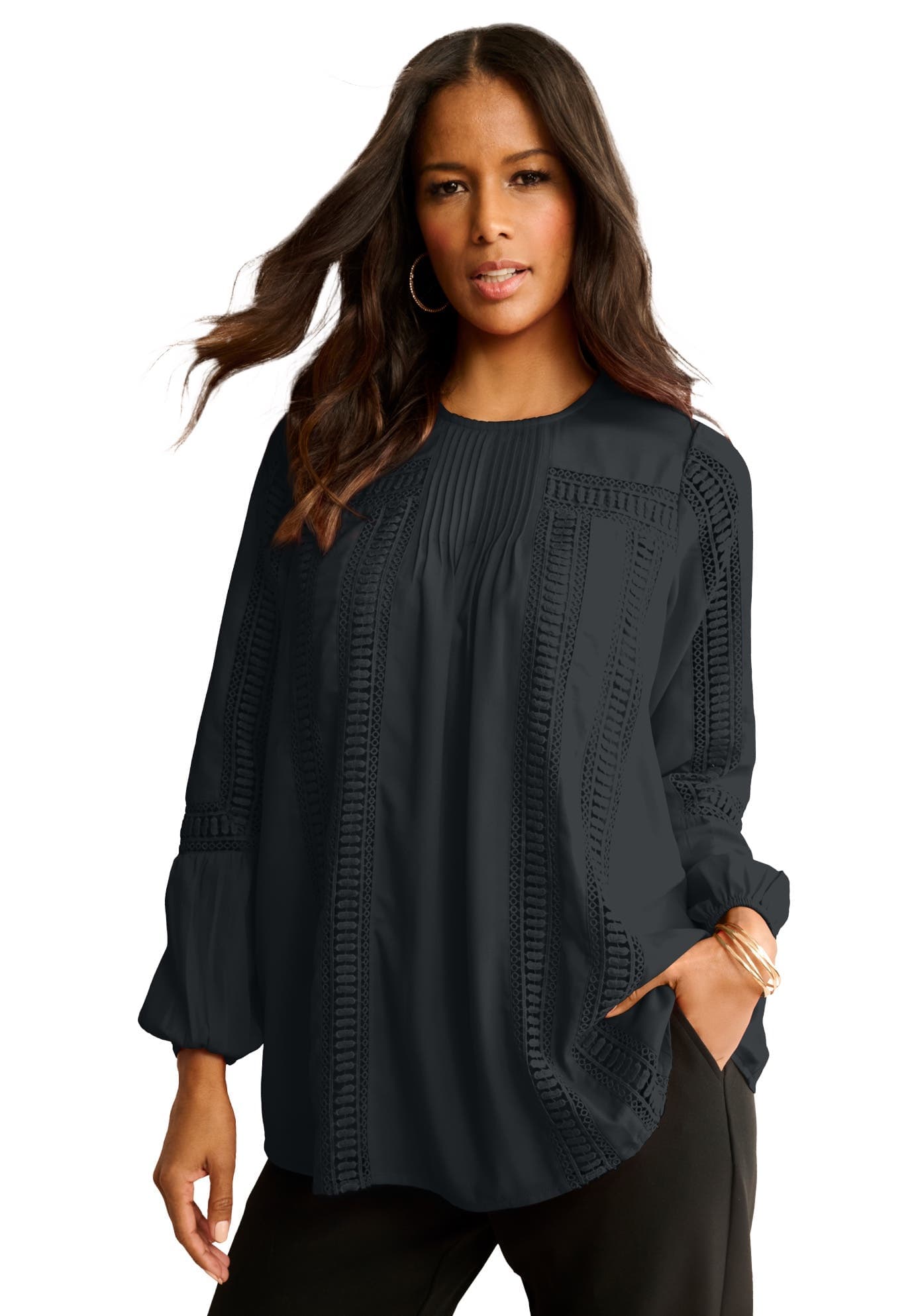 Lace-Trim Blouson-Sleeve Top - image 1