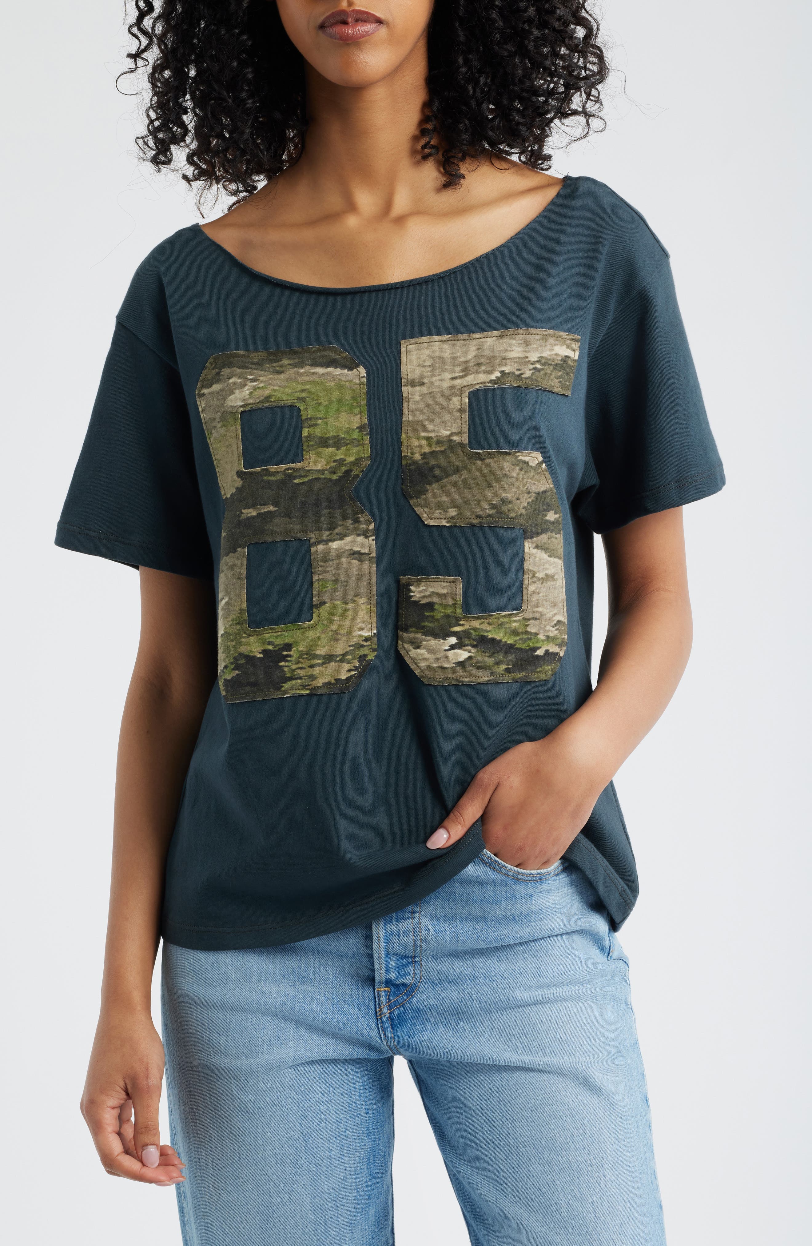85 Camo Applique Off the Shoulder Cotton T-Shirt - image 1