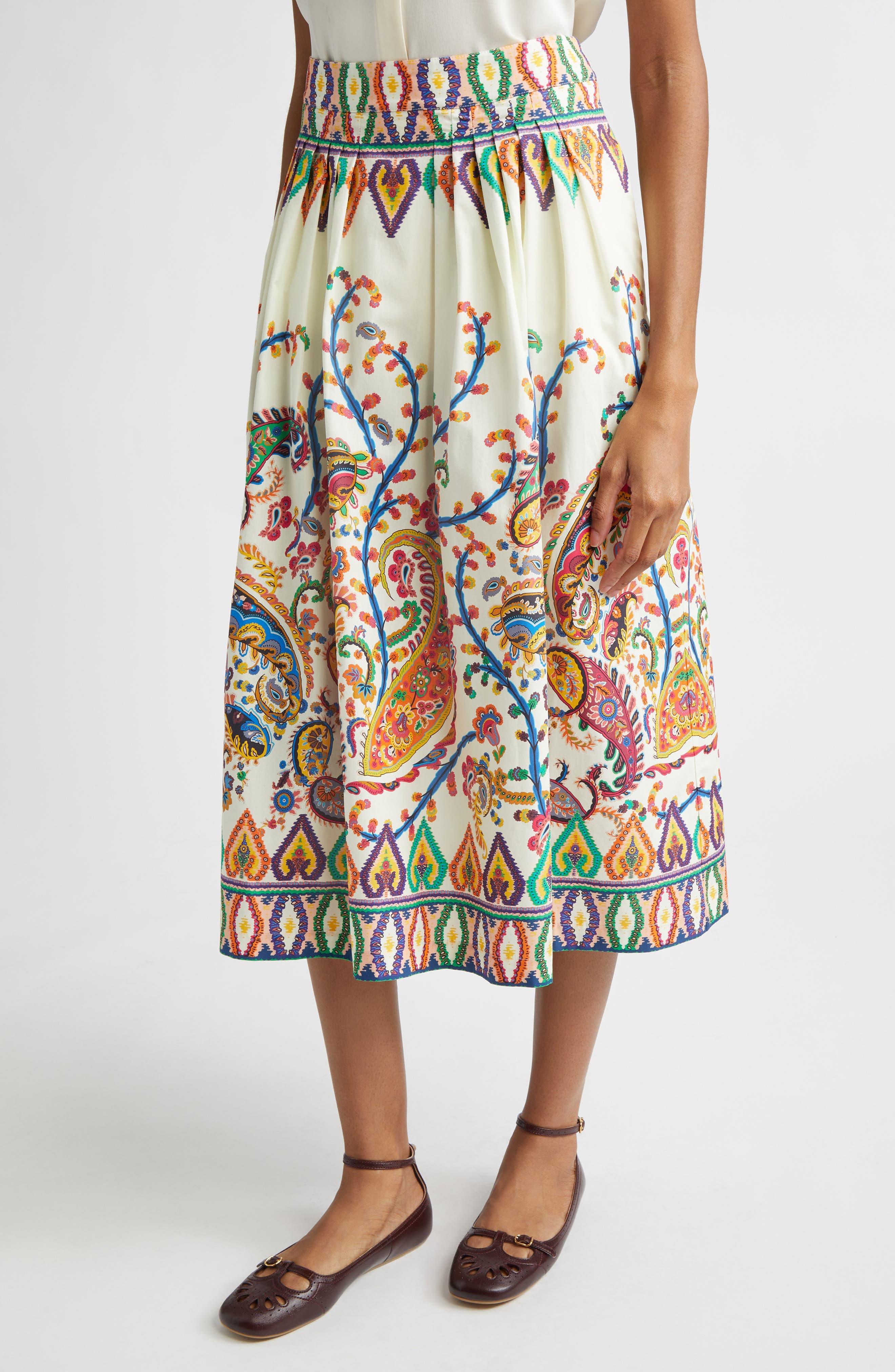 Floral Paisley Pleated Cotton Voile Midi Skirt - image 1