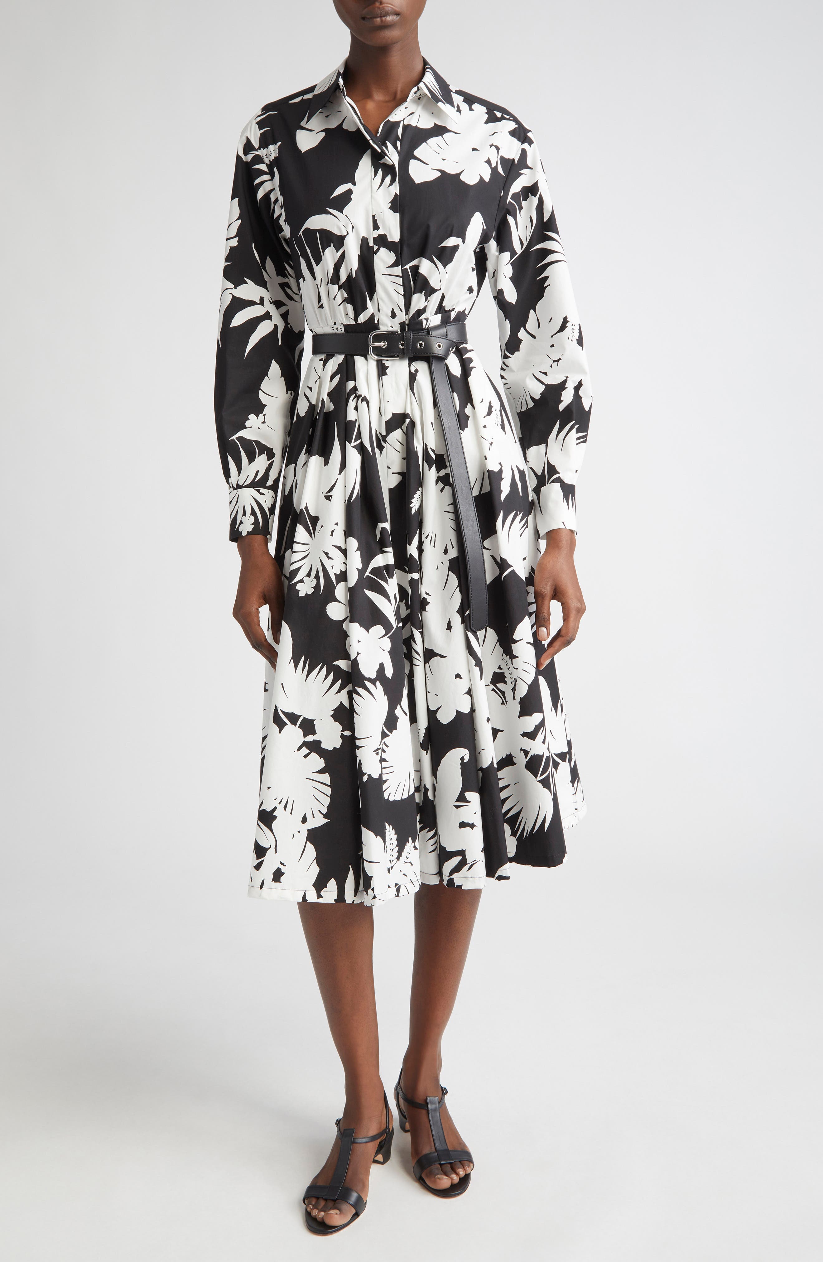 Floral Silhouette Print Long Sleeve Cotton Poplin Midi Shirtdress - image 1