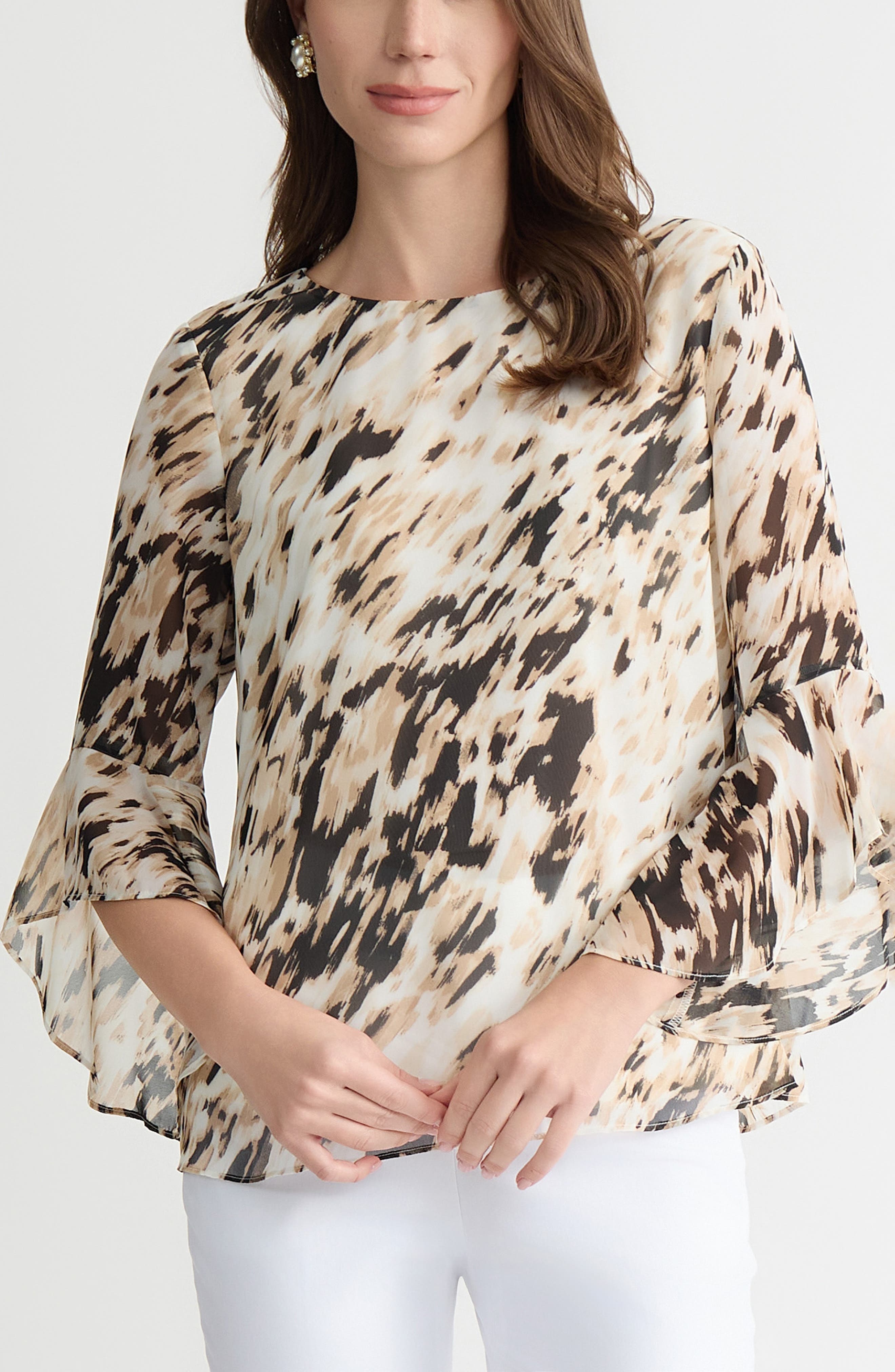 Printed Ruffle Sleeve Top - image 1