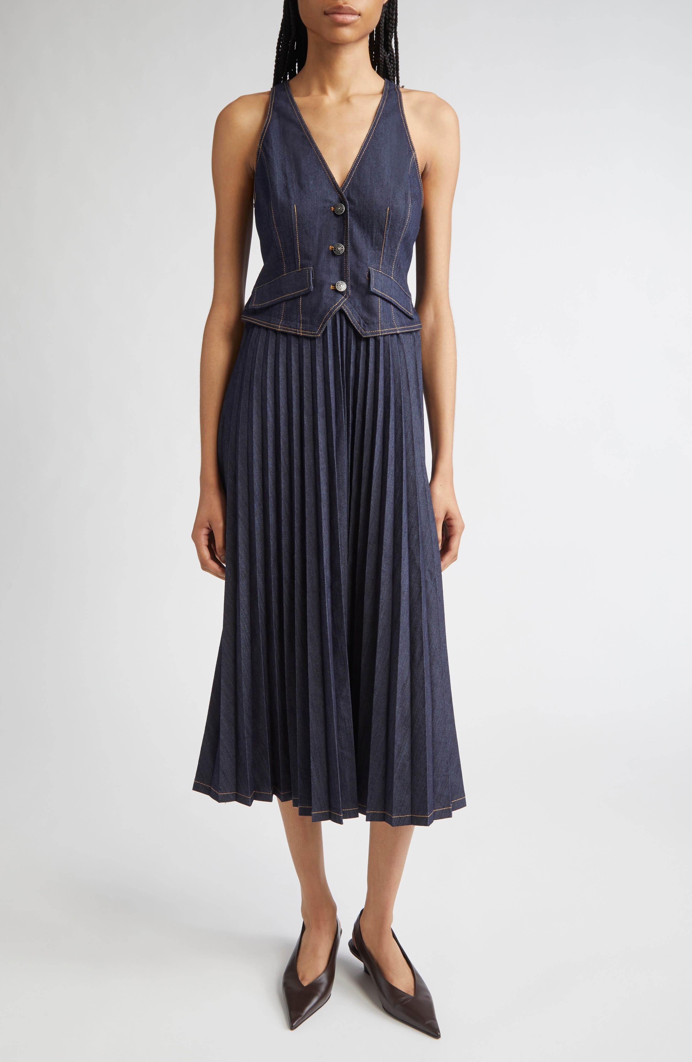 Esther Sleeveless Pleated Denim Midi Dress - image 1