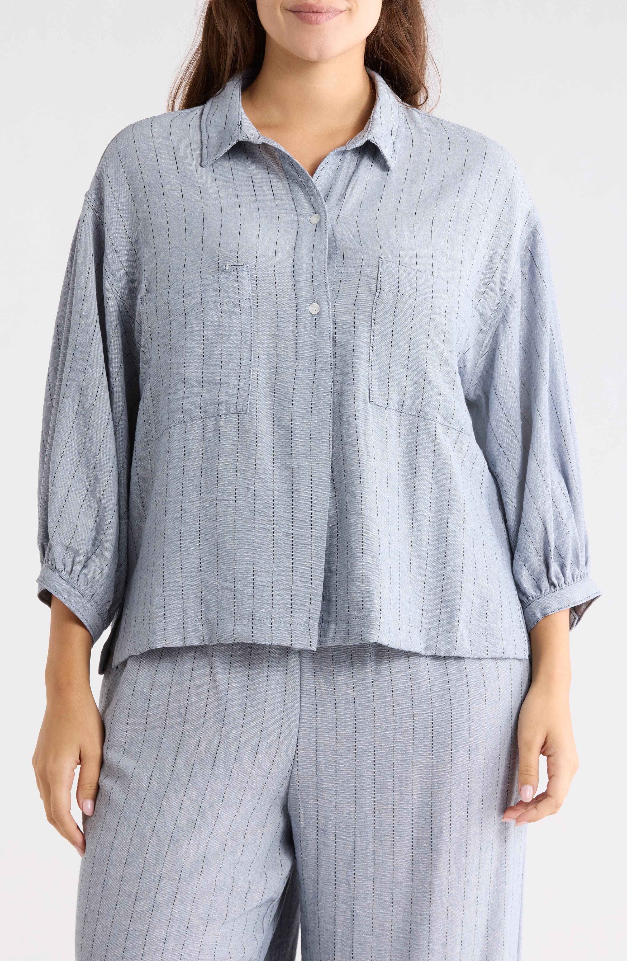 Stripe Balloon Sleeve Popover Shirt - image 1