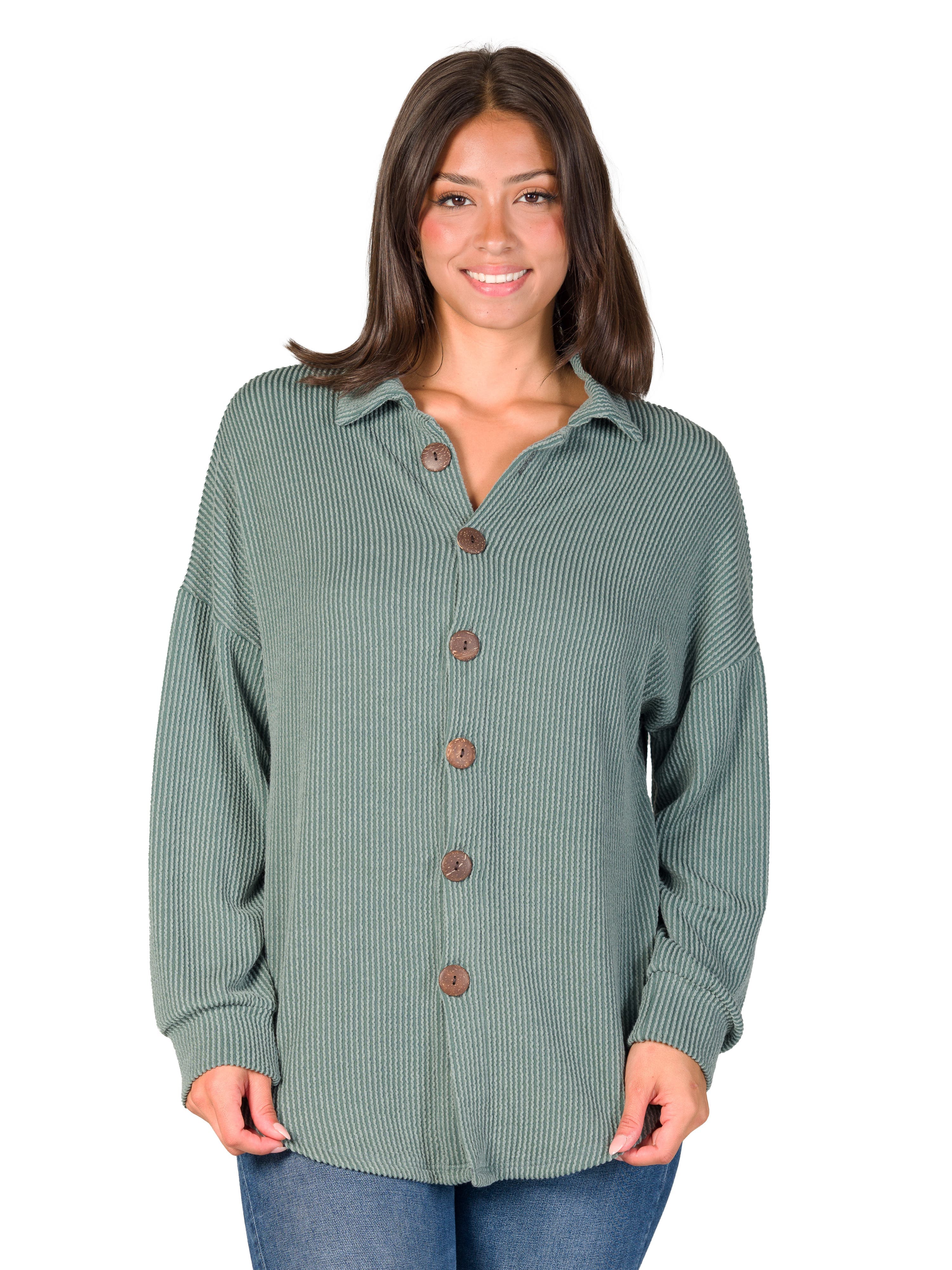 Ribbed Button Up Long Sleeve Collared Shirt Jacket - image 3