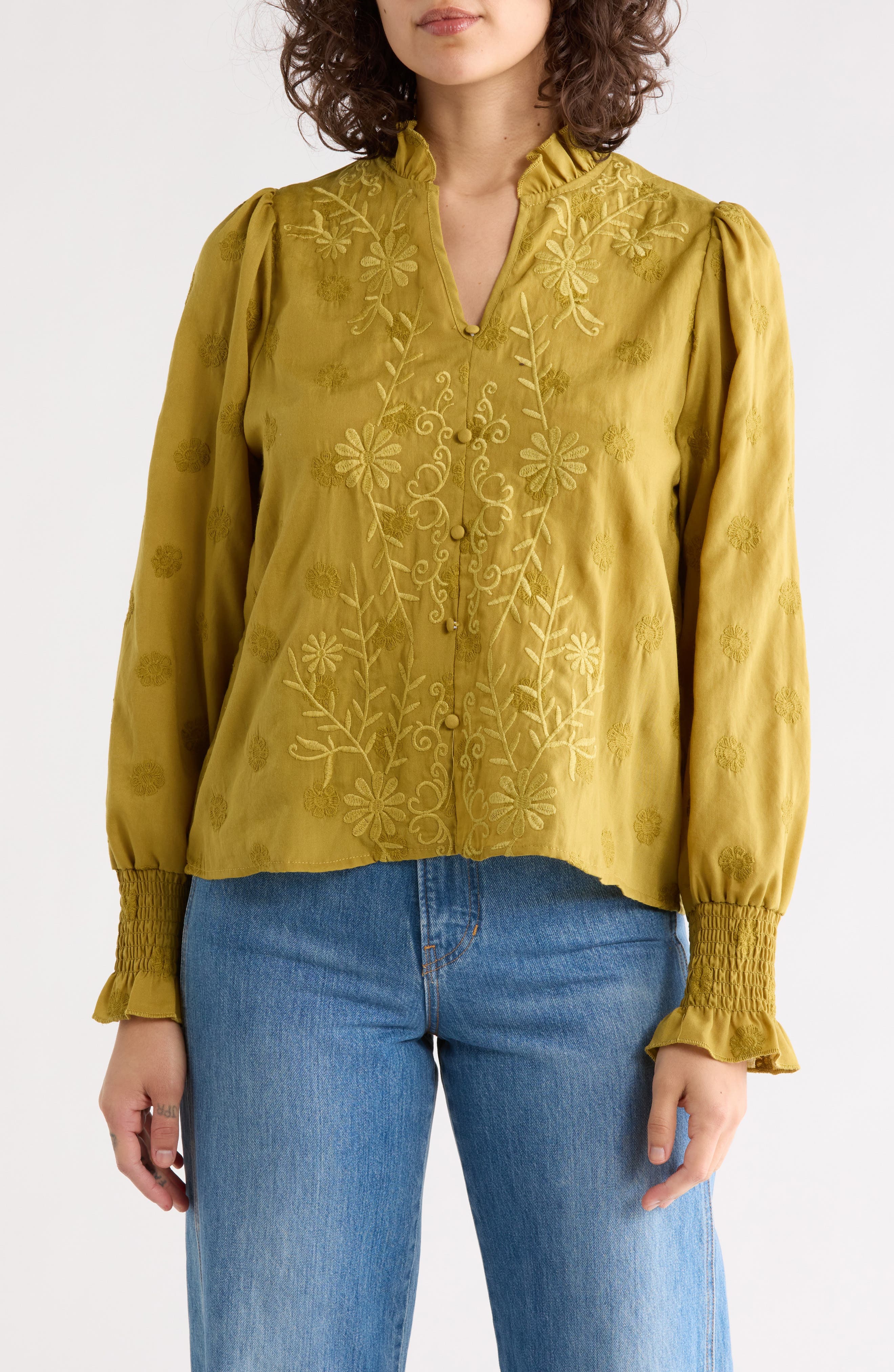 Floral Embroidered Smocked Cuff Top - image 3